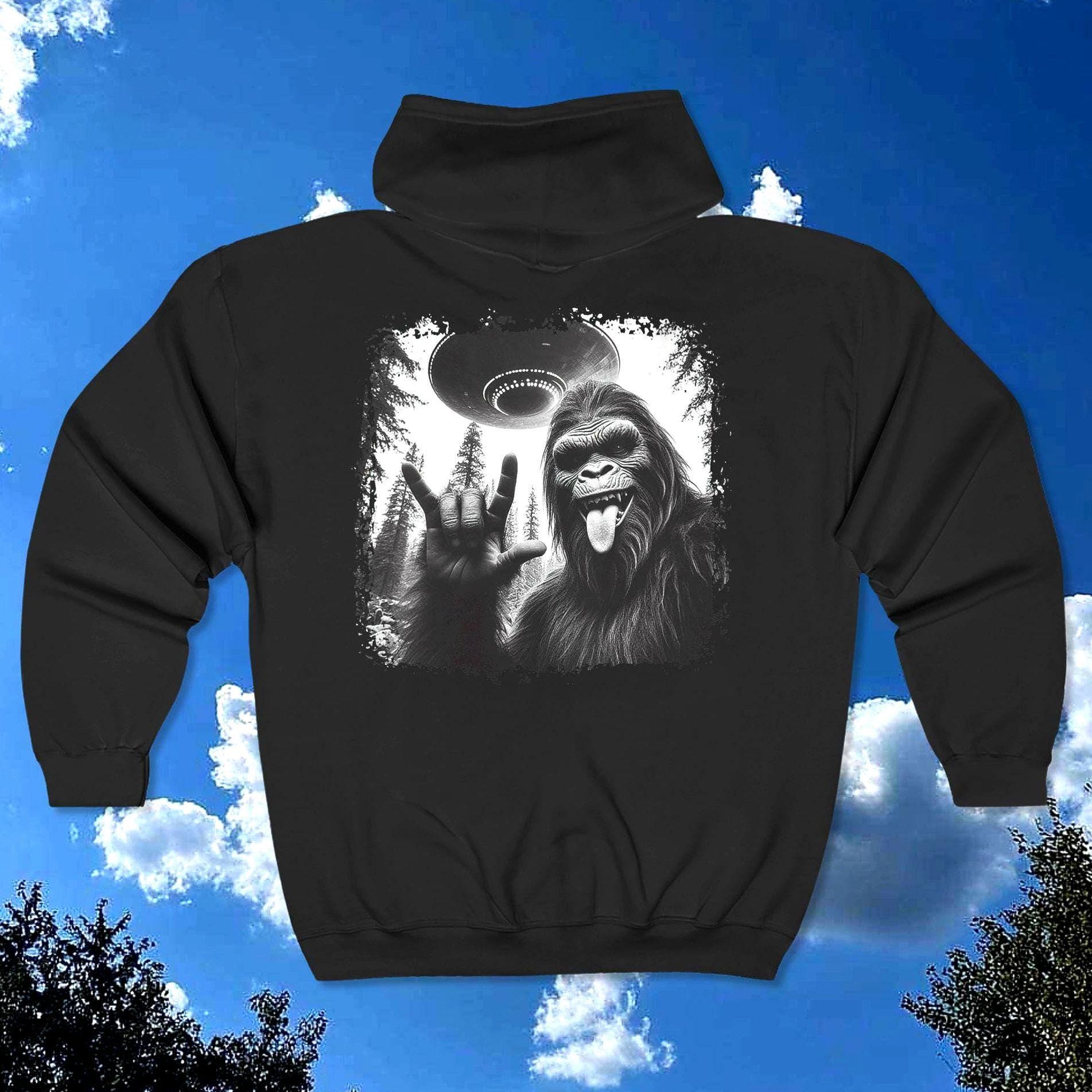 Bigfoot UFO Alien Hooded Sweatshirt Sasquatch Cryptid Space Hooded Jacket Paranormal Creature Galaxy Zip Up Gift For Crytip Lovers Sweatshirt – Easygoing Wear · High-Quality Print
