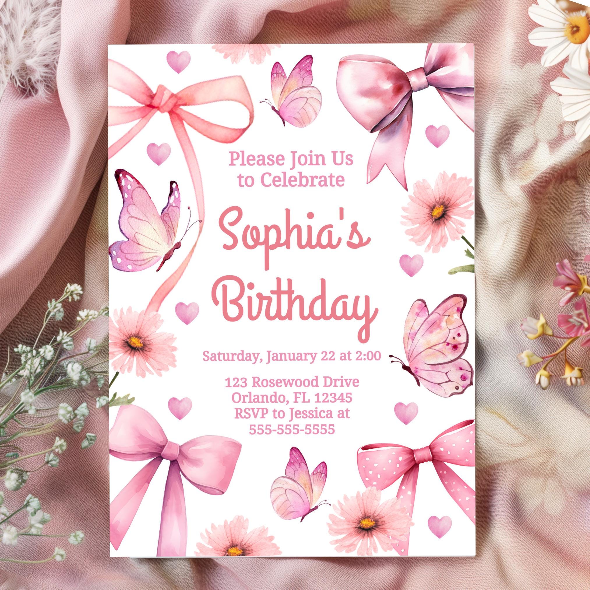 Pink Bow Theme Birthday Invite Pink Bow Birthday Bow Invite Butterfly Invitation Coquette Birthday Invitation Template Girl Birthday BB1 Graphic Tee – Aesthetic Look · Perfect For Daily Wear