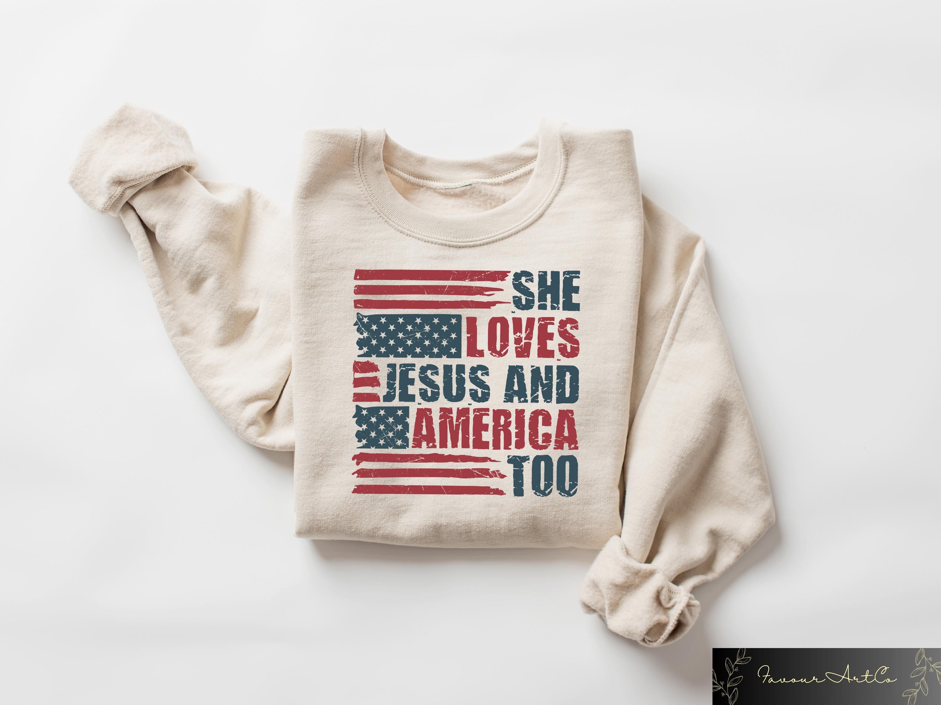 Retro USA Sweatshirt She Loves Jesus And America Too T shirt Womens USA Shirt Patriotic Mom Gift Funny USA Crewneck Jesus Lover Tee Sweatshirt – Cozy Vibes · Must-Have Style