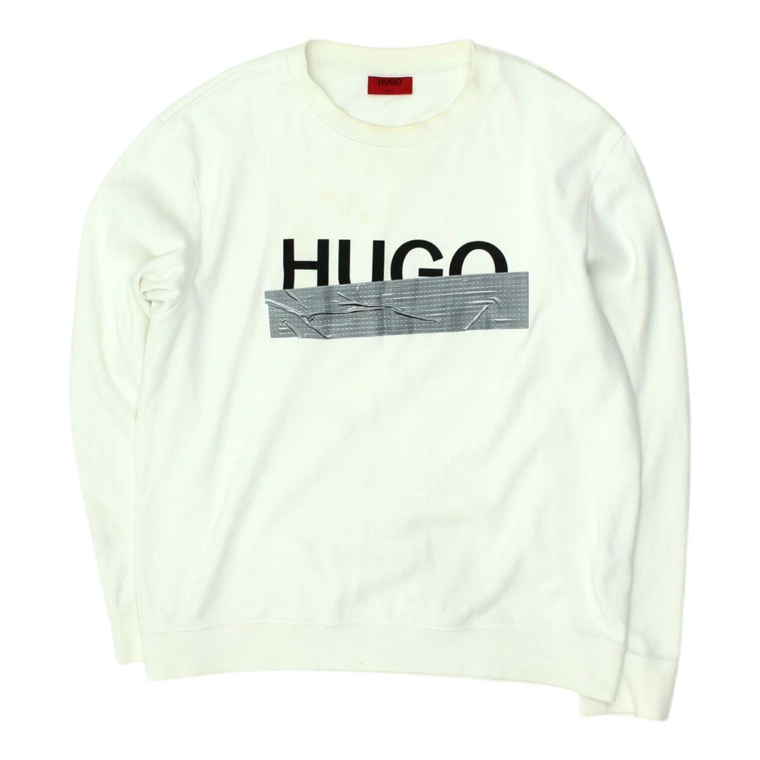 Hugo Mens White Sweatshirt Pullover Casual Designer Tape Logo Crew Neck Jumper Sweatshirt – Bold Style · Trending Graphic Apparel