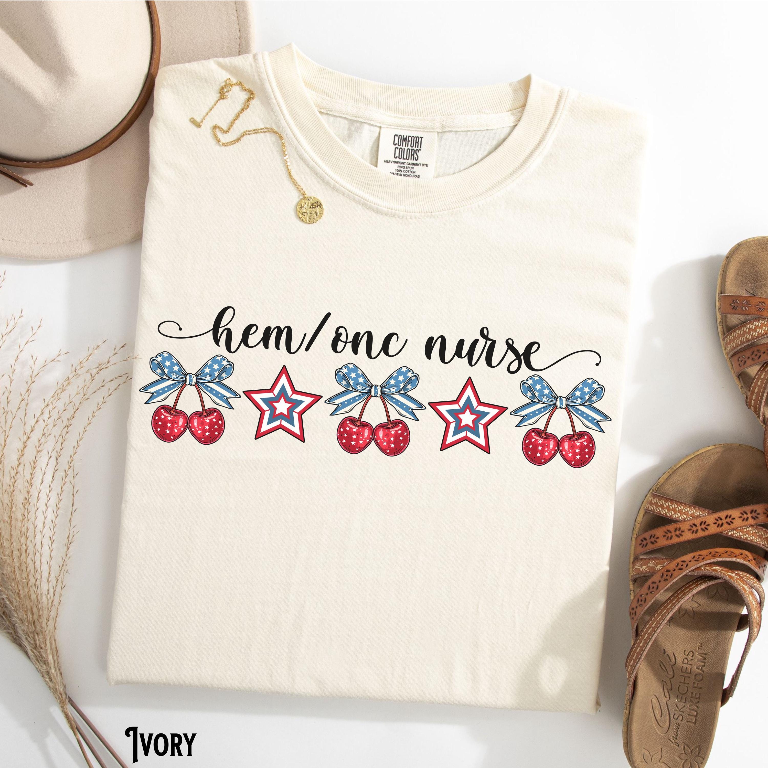 4th of July HEM ONC Nurse Shirt Hematology Oncology Patriotic Tee Cherries T Shirt Coquette Cancer RN Bows Tshirt Gift Graphic Tee – Soft Feel · Great Gift For Fans