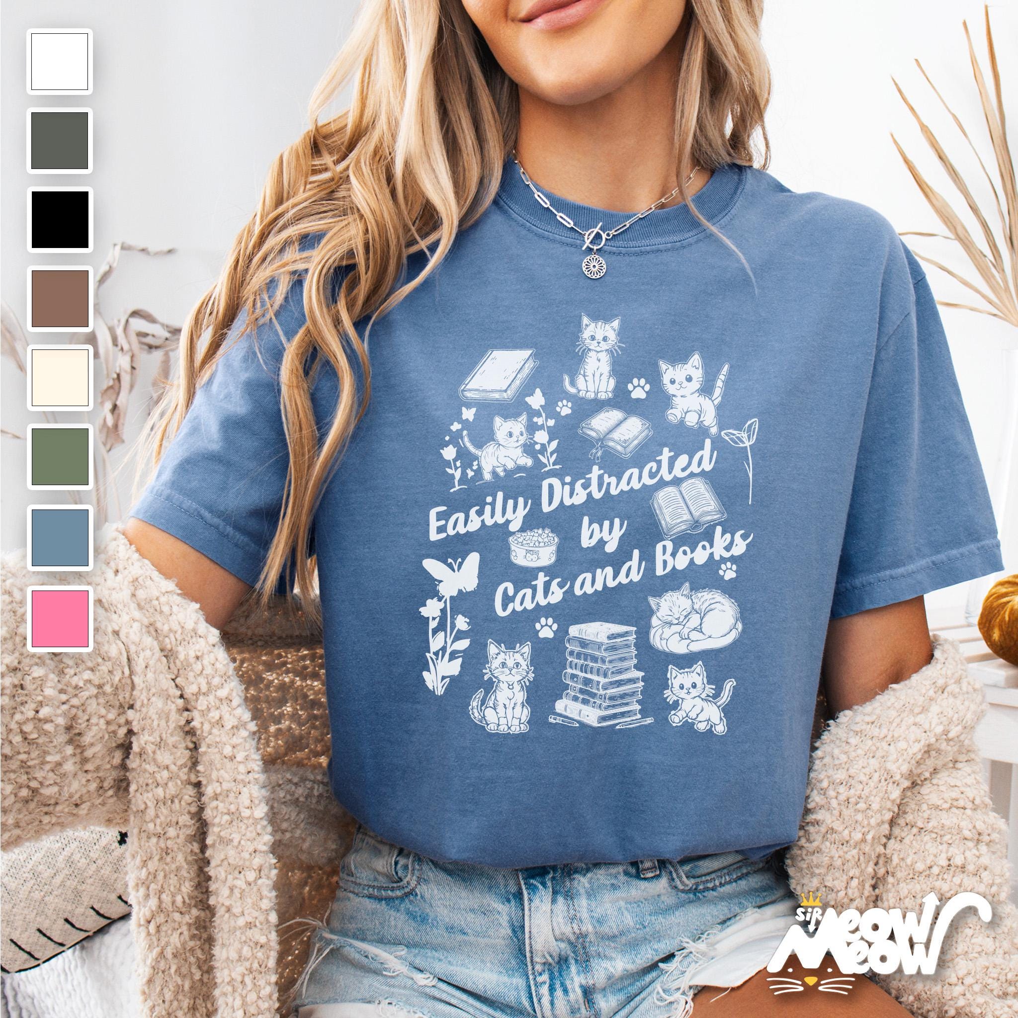 Easily Distracted by Cats and Books T Shirt Funny Cat Book Lover Tee Cute Reader Cat Shirt Gift for Bookworms and Cat Moms Graphic Tee – Aesthetic Look · High-Quality Print