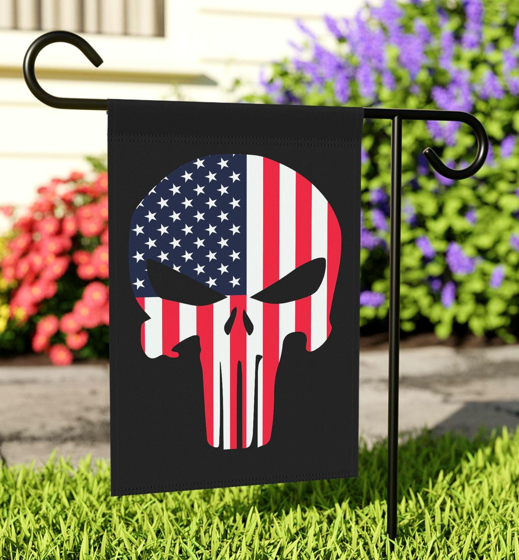 USA Patriotic Skull Garden Flag Independance Day Yard Banner Outdoor Yard Decor Fourth of July Memorial Day Flag Housewarming Gift Graphic Tee – Warm & Stylish · Must-Have Style