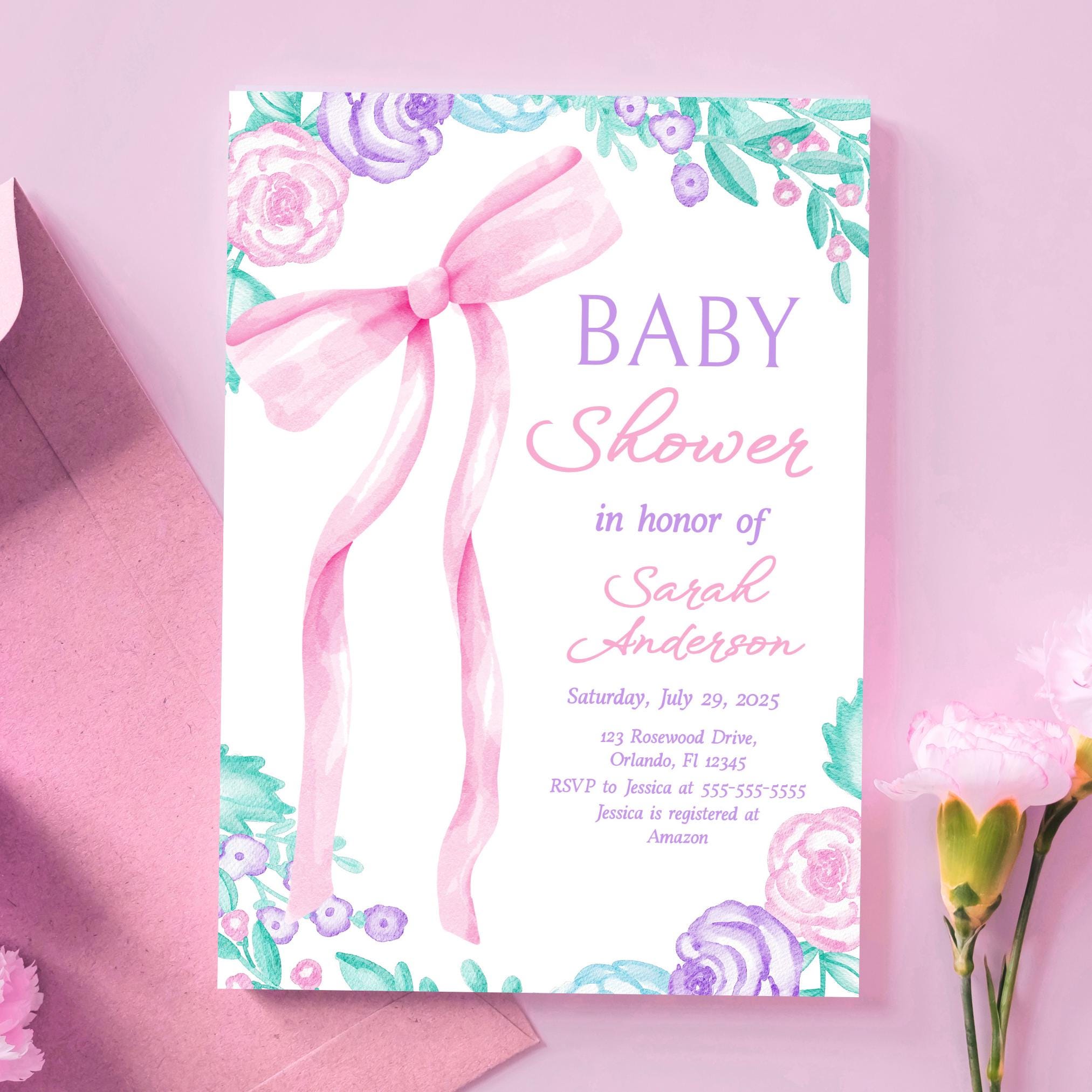 Bow Flower Baby Shower Invitation Pink Bow Baby Shower Invitation Template Spring Baby Shower Pink Purple Baby Shower Invite Coquette Baby Graphic Tee – Feel-Good Design · High-Quality Print