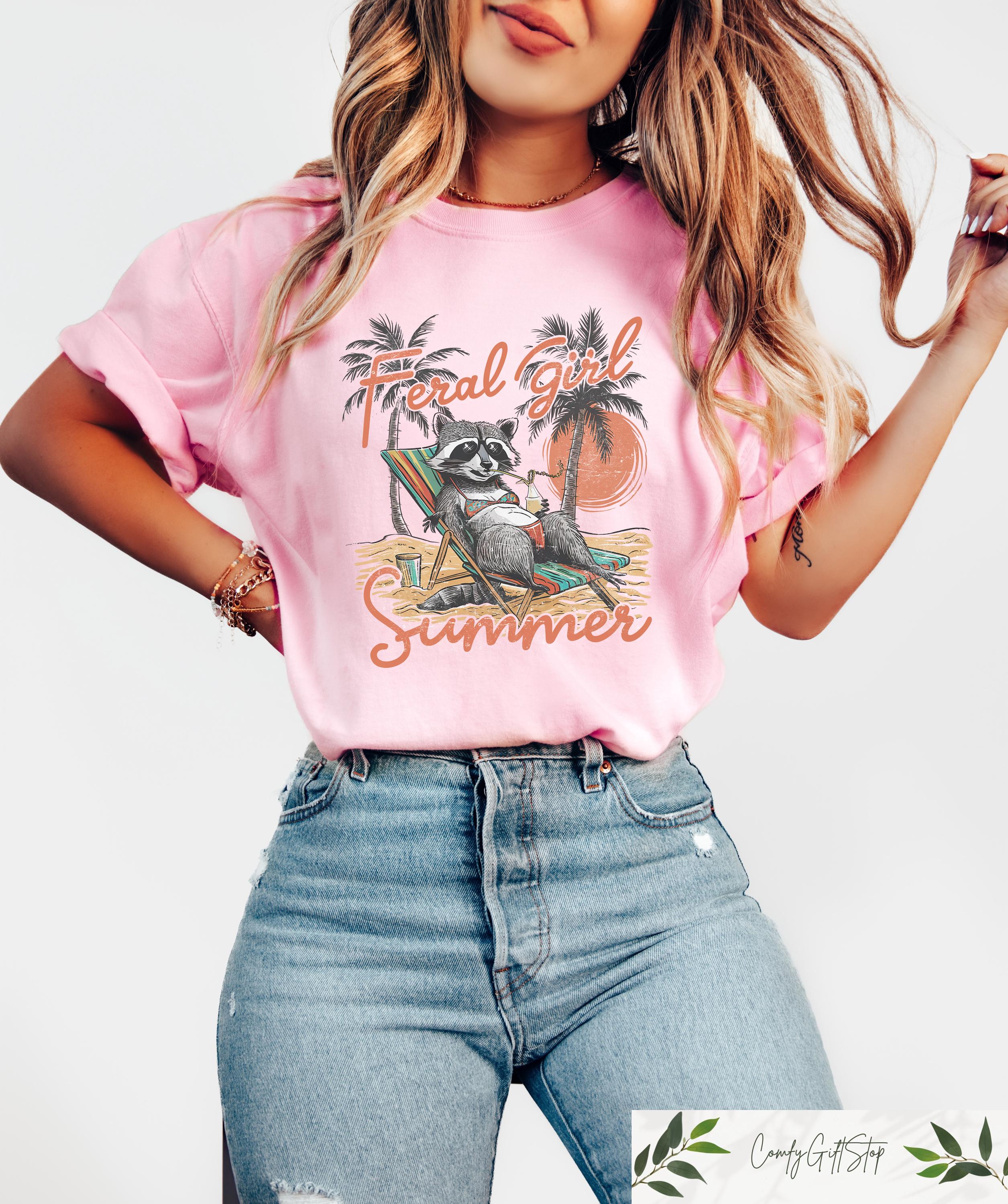 Feral Girl Summer T shirt Retro Raccoon Shirt Meme Raccoon Crewneck Funny Raccoon Summer Beach Gift Feral Girl Summer Outfit Graphic Tee – Everyday Comfort · Perfect For Daily Wear