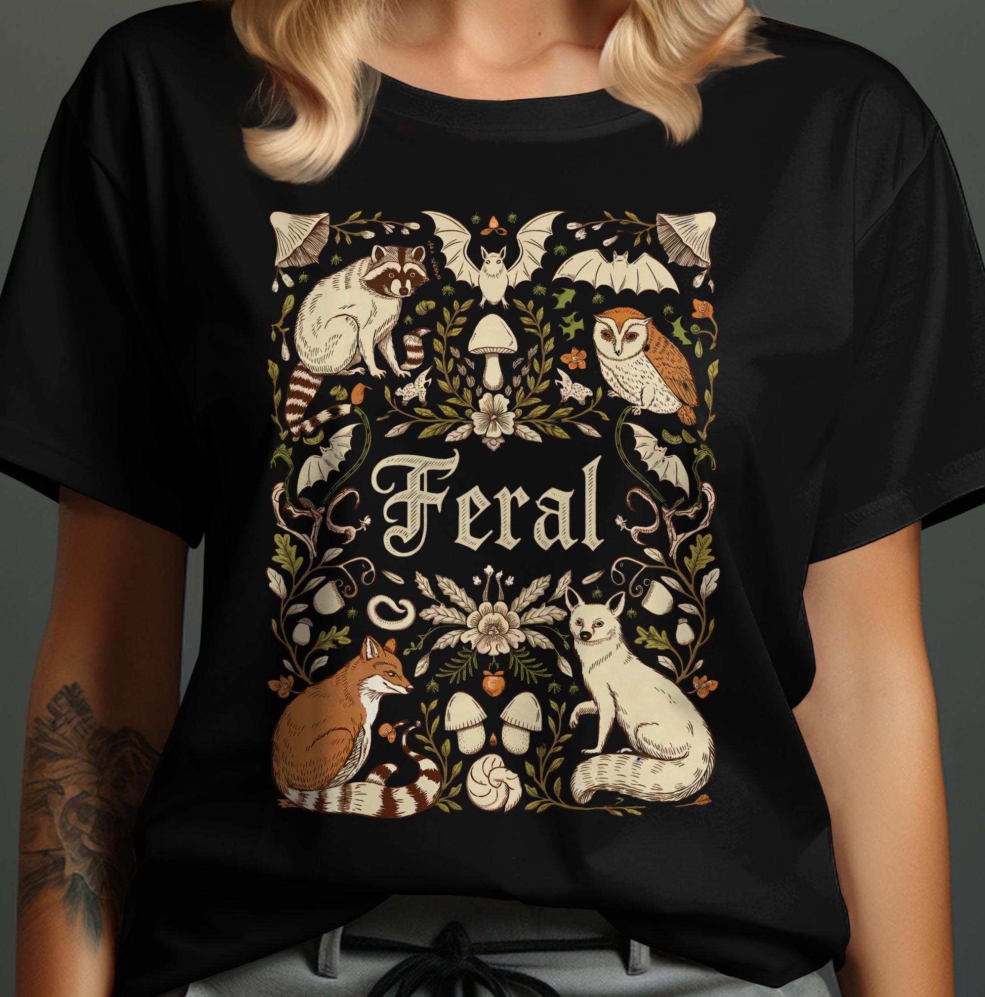 Feral Whimsical Woodland Creatures Cottagecore Fairycore tee Feral Raccoon Owl Fox t shirt Eco Friendly Shirt Mushroom t shirt Graphic Tee – Premium Graphic · Must-Have Style