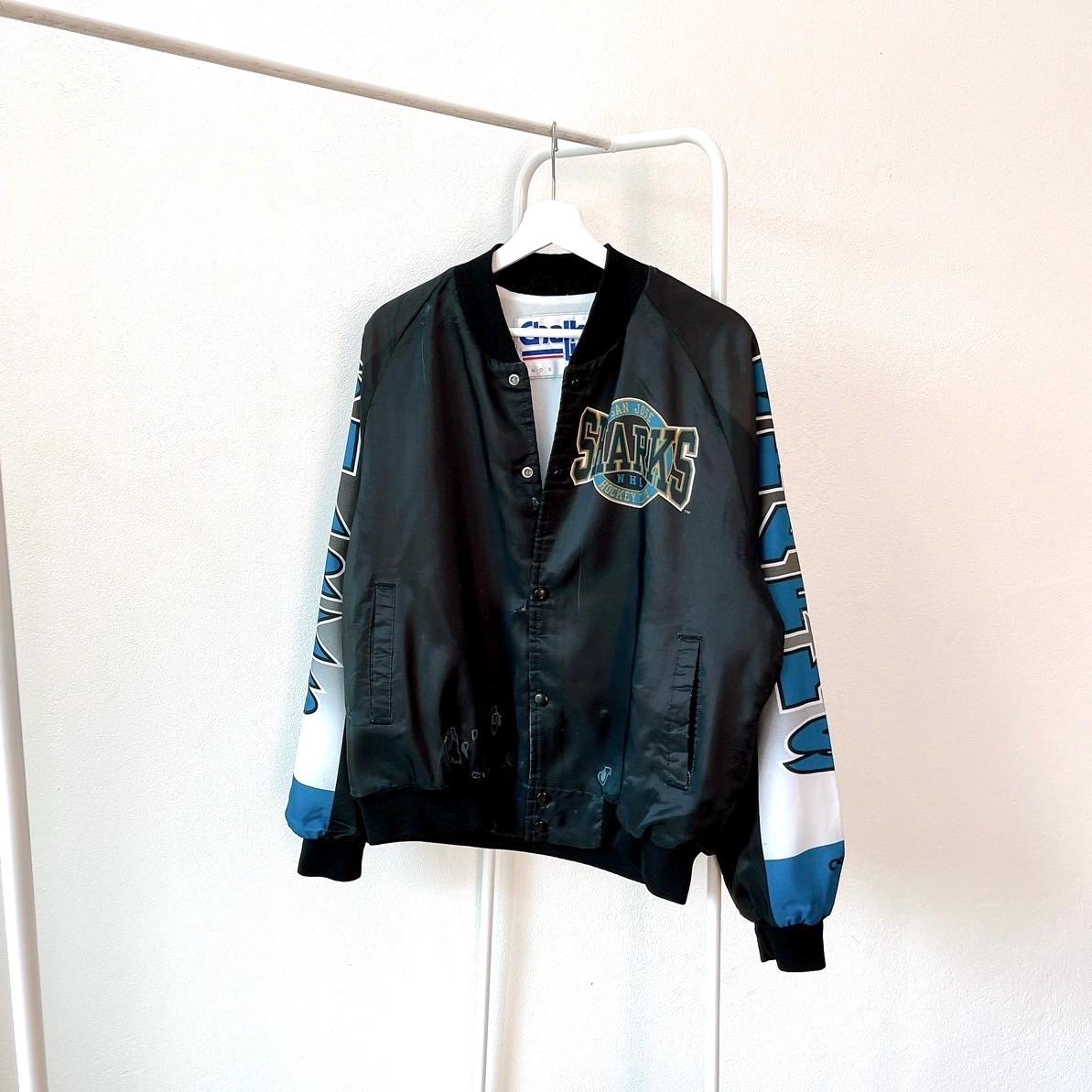 Vintage 90s San Jose Sharks NHL hockey Made in USA Chalk line black jacket M Graphic Tee – Aesthetic Look · High-Quality Print