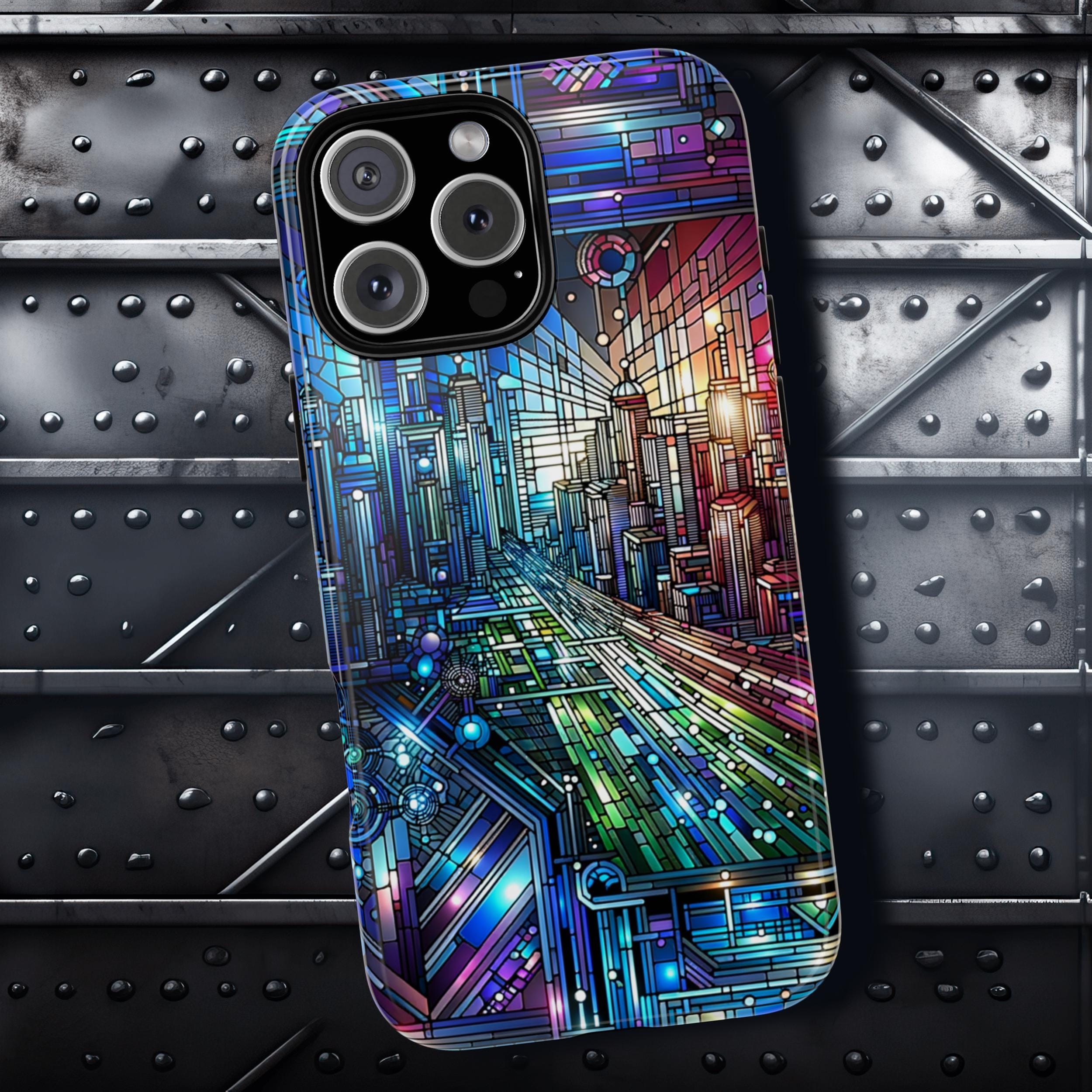 Futuristic Stained Glass Effect iPhone 16 Pro Max Tough Case Colorful Cyberpunk Cityscape Aesthetic Tech Gift X 11 12 14 15 iPhone Case Graphic Tee – Cozy Vibes · Must-Have Style