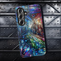 Futuristic Stained Glass Effect Samsung Galaxy S25 Tough Case Colorful Cyberpunk Cityscape Aesthetic Tech Gift Google Pixel Galaxy Case Graphic Tee – Fan Favorite · High-Quality Print