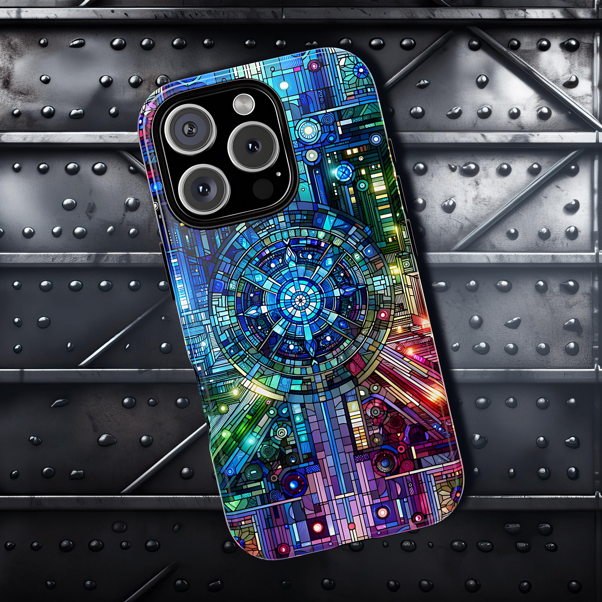 Futuristic Stained Glass Effect iPhone 16 Pro Max Tough Case Colorful Cyberpunk Aesthetic Tech Gift X 11 12 14 15 iPhone Case Graphic Tee – Aesthetic Look · High-Quality Print