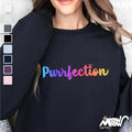 Purrfection Cat Sweatshirt Funny Cat Lover Gift Rainbow Text Crewneck Cute Pun Pullover for Feline Fans Sweatshirt – Warm & Stylish · Great Gift For Fans