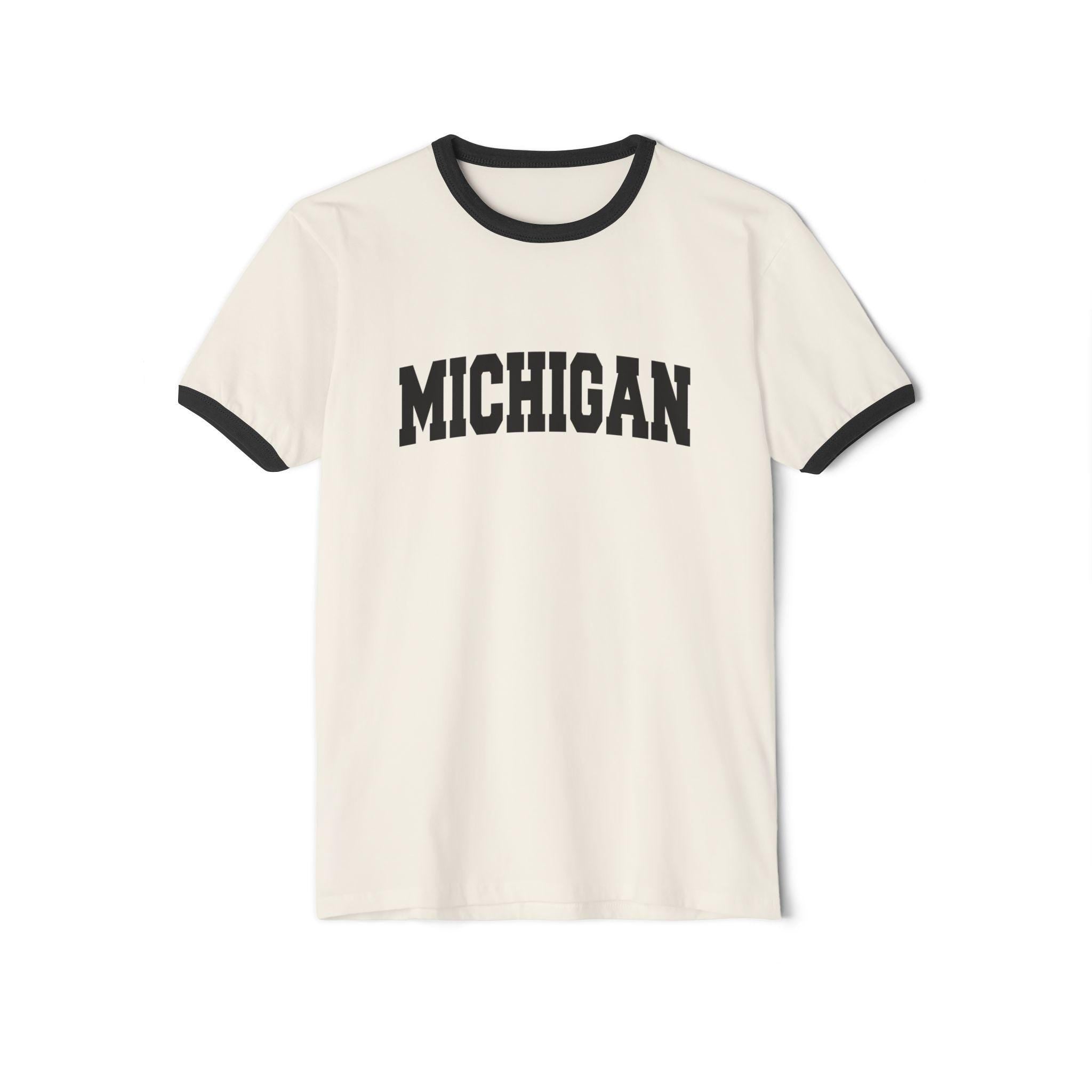Michigan Cotton Ringer Graphic Tee Unisex Michigan T Shirt Vintage Style Tee Men39sWomen39s Tee Collegiate Style Graphic Tee – Soft Feel · Top Pick For Any Outfit
