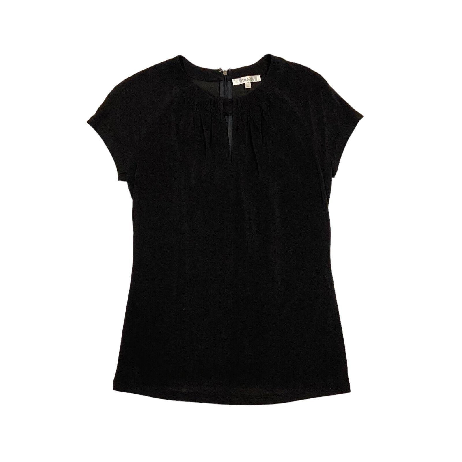 Max Mara Womens Black Top Vintage High End Designer Slit Collar Short Sleeve Graphic Tee – Aesthetic Look · Perfect For Daily Wear