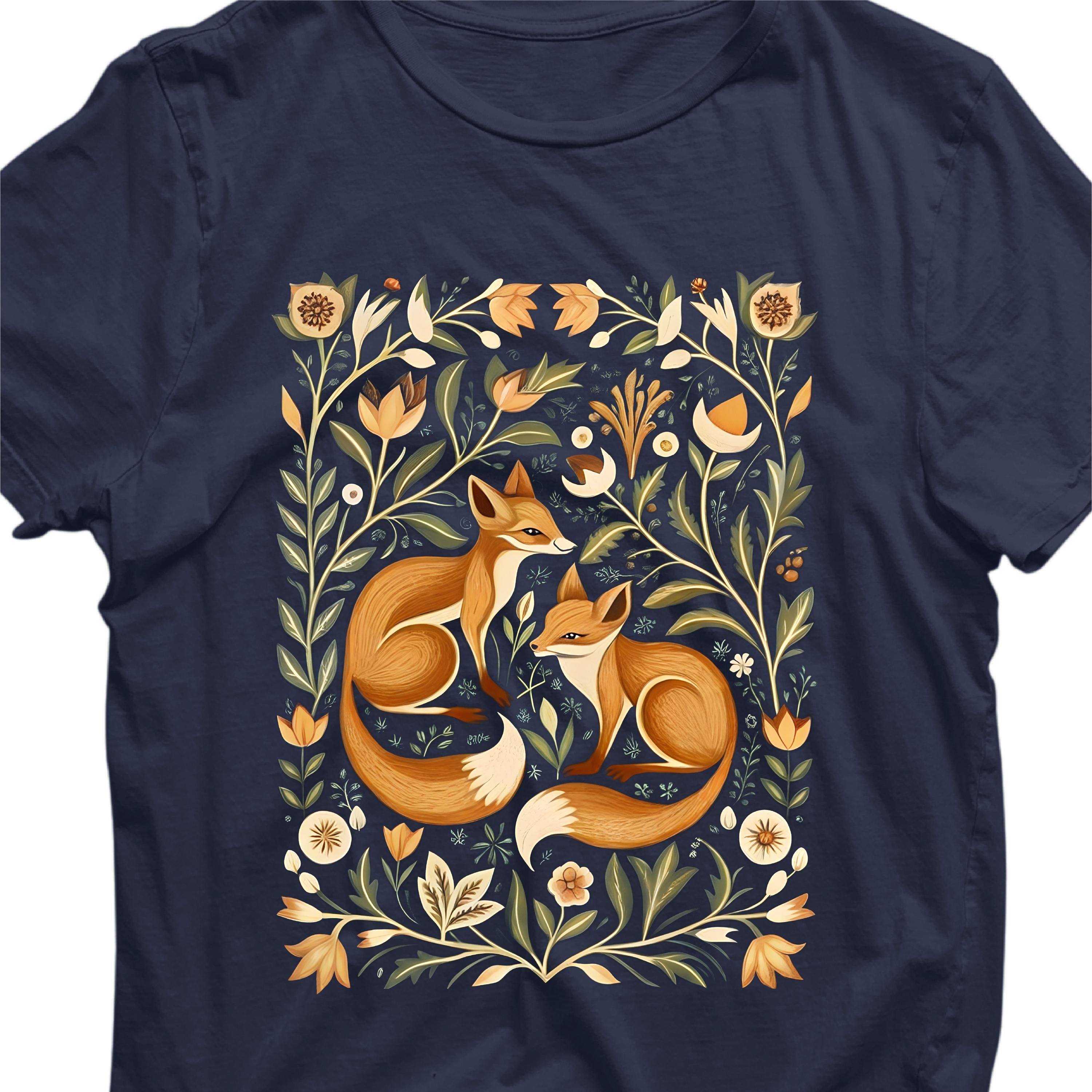 Fox Pattern Shirt Woodland Animal Wildflower Tee Cute Graphic Tee for Nature Lovers Unisex Casual Top Graphic Tee – Soft Feel · High-Quality Print