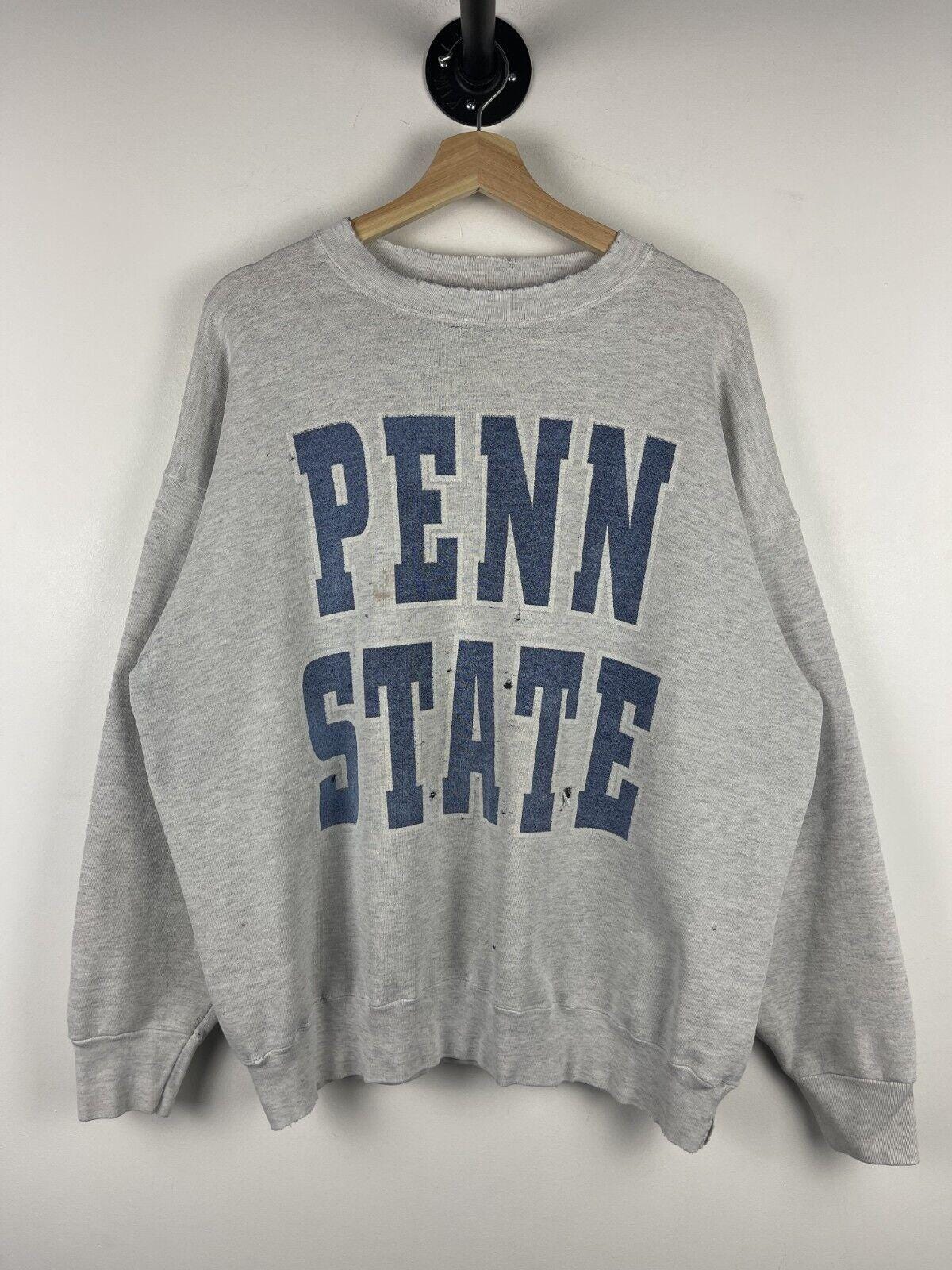 Vintage 90s Penn State Spellout Distressed Grey Crewneck Size XL Graphic Tee – Aesthetic Look · Must-Have Style