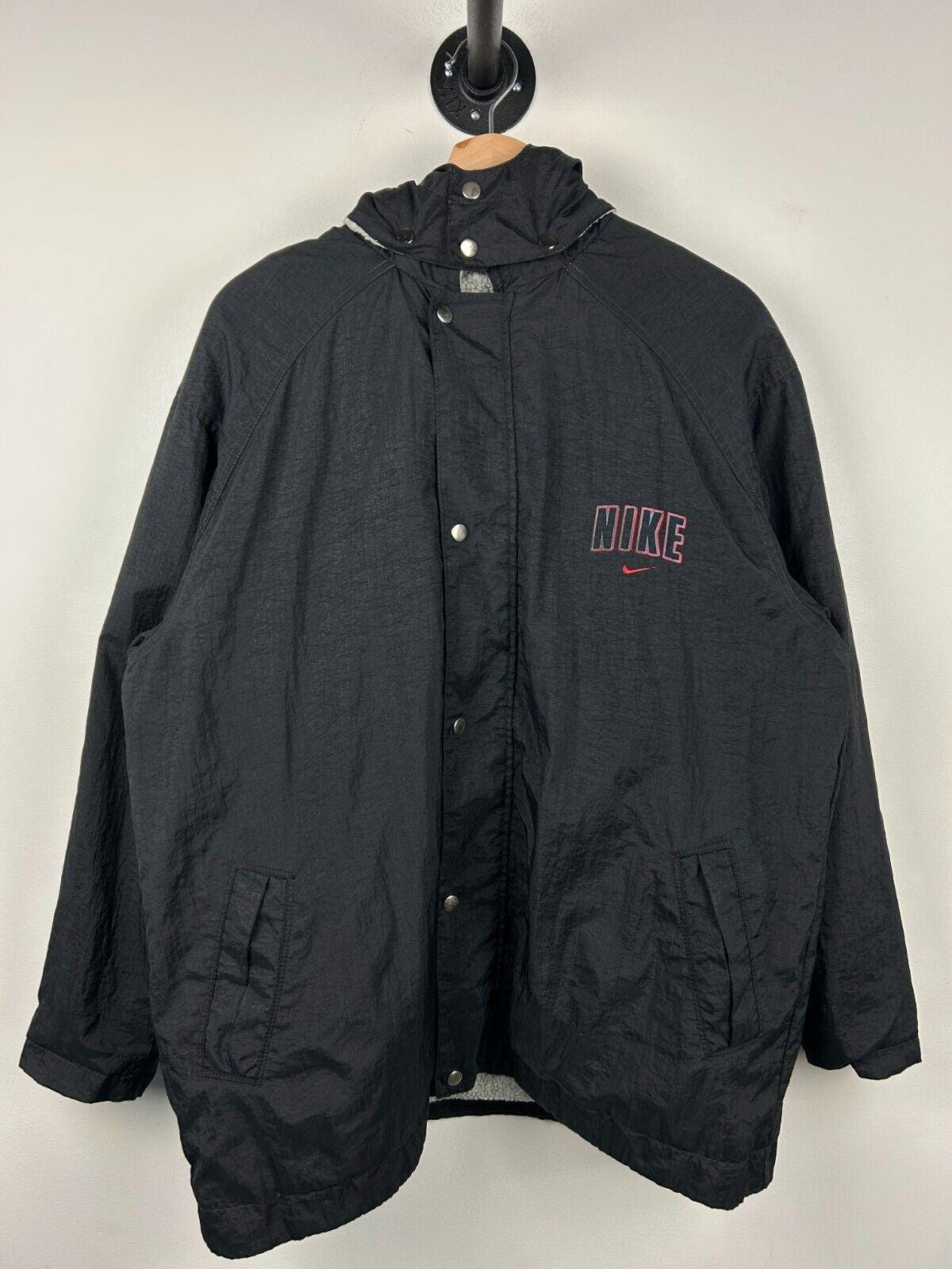 Vintage 90s Nike Swoosh Spellout Black Sherpa Lined Hooded Jacket Size M Graphic Tee – Easygoing Wear · High-Quality Print