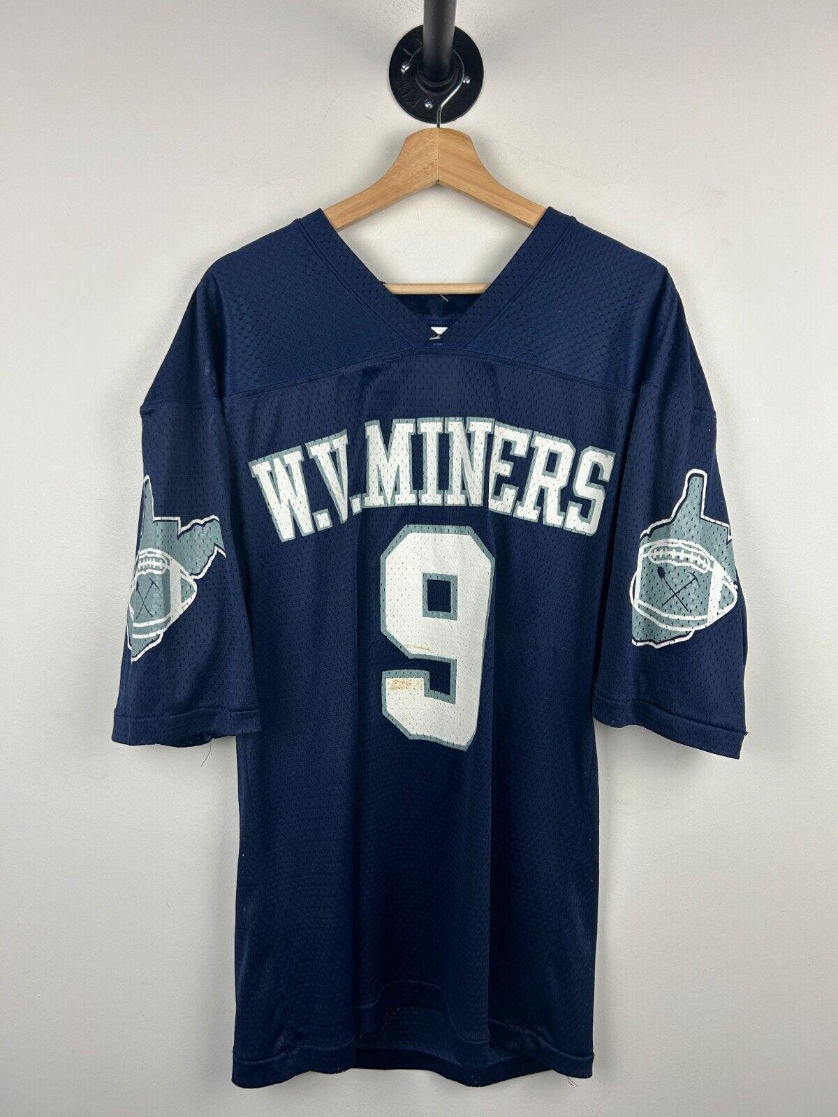 Vintage 90s West Virginia Miners Navy Grey Football Jersey Size L Jersey – Cozy Vibes · Trending Graphic Apparel