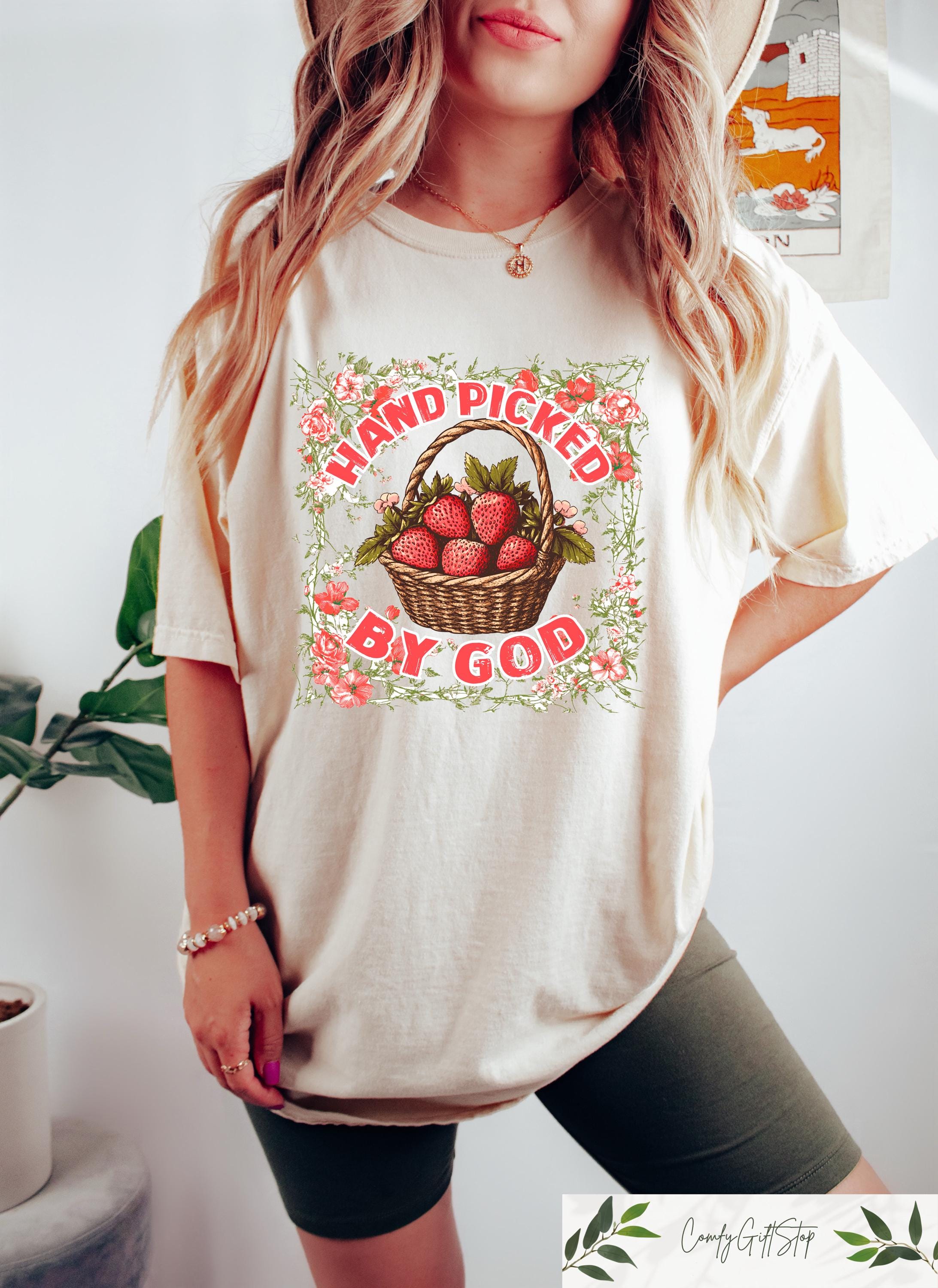 Hand Picked By God T shirt Faith Based Shirt Retro Jesus Lover Sweatshirt Christian Woman Gift Strawberry Coquette Bow Crewneck Sweatshirt – Everyday Comfort · High-Quality Print