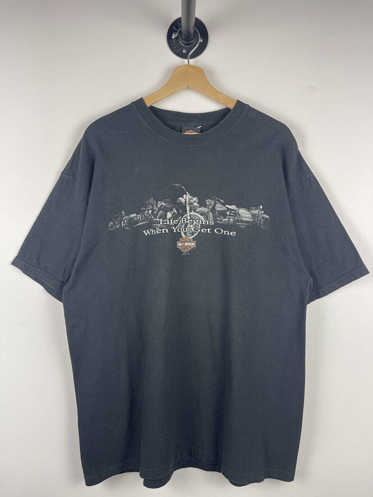 Vintage Harley Davidson Life Begins When You Get One Black Tee Size XL Graphic Tee – Easygoing Wear · Trending Graphic Apparel