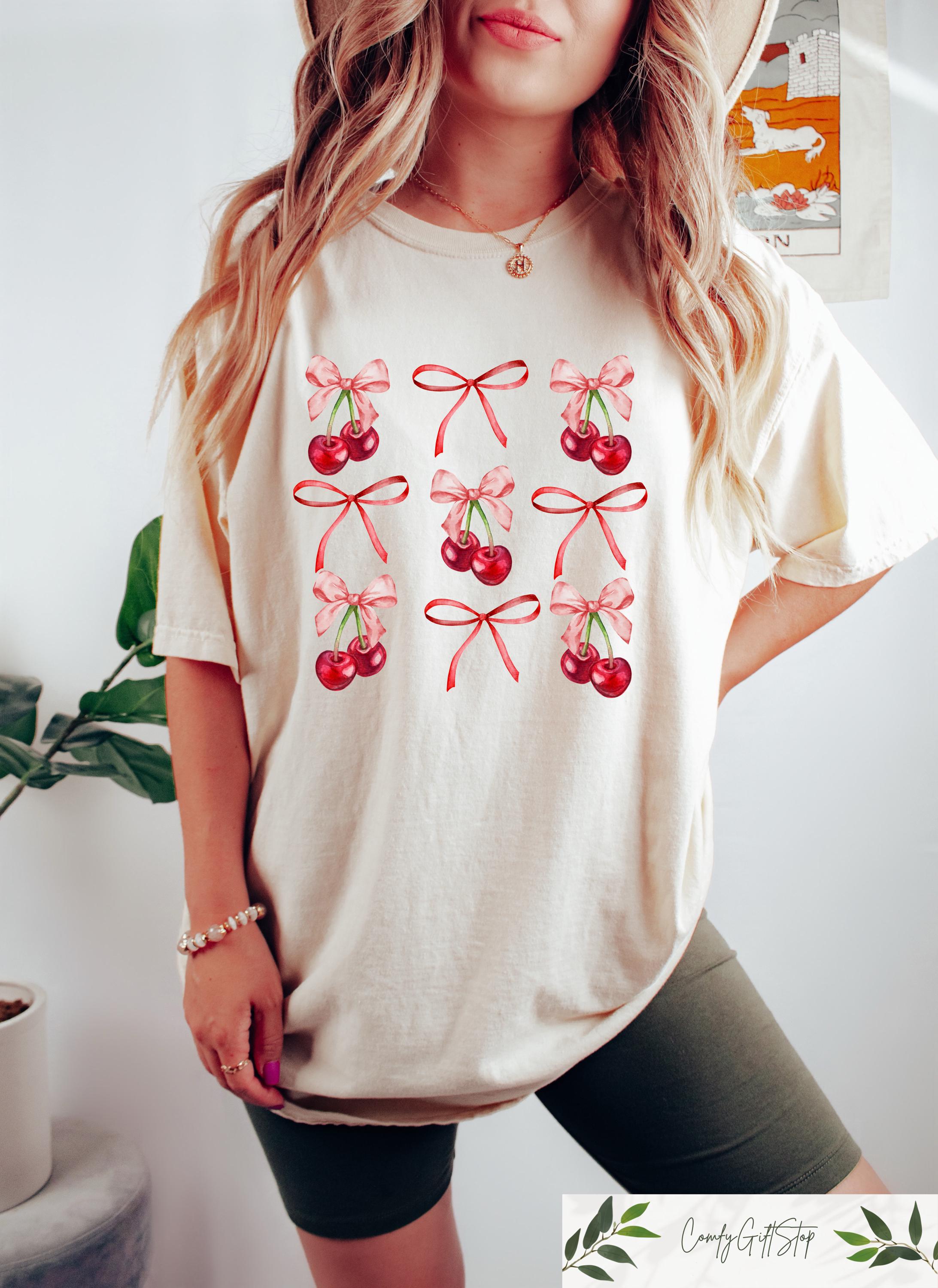 Retro Comfort Cherry Shirt Coquette Bow T shirt Inspirational Woman Sweatshirt Cute Cherry Lover Gift Coquette Bow Crewneck Sweatshirt – Warm & Stylish · Perfect For Daily Wear