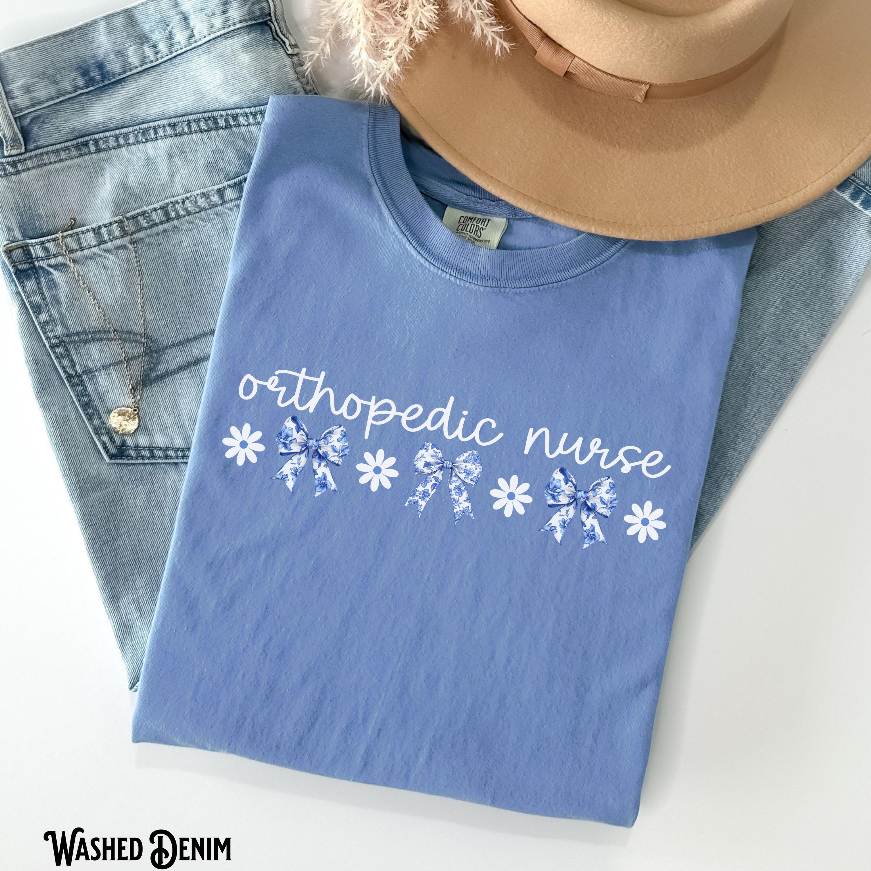 Orthopedic Nurse Shirt Ortho RN Tee Orthopedics Coquette T Shirt Bow Flowers Medical Tshirt Blue Chinoiserie Gift Graphic Tee – Soft Feel · Perfect For Daily Wear