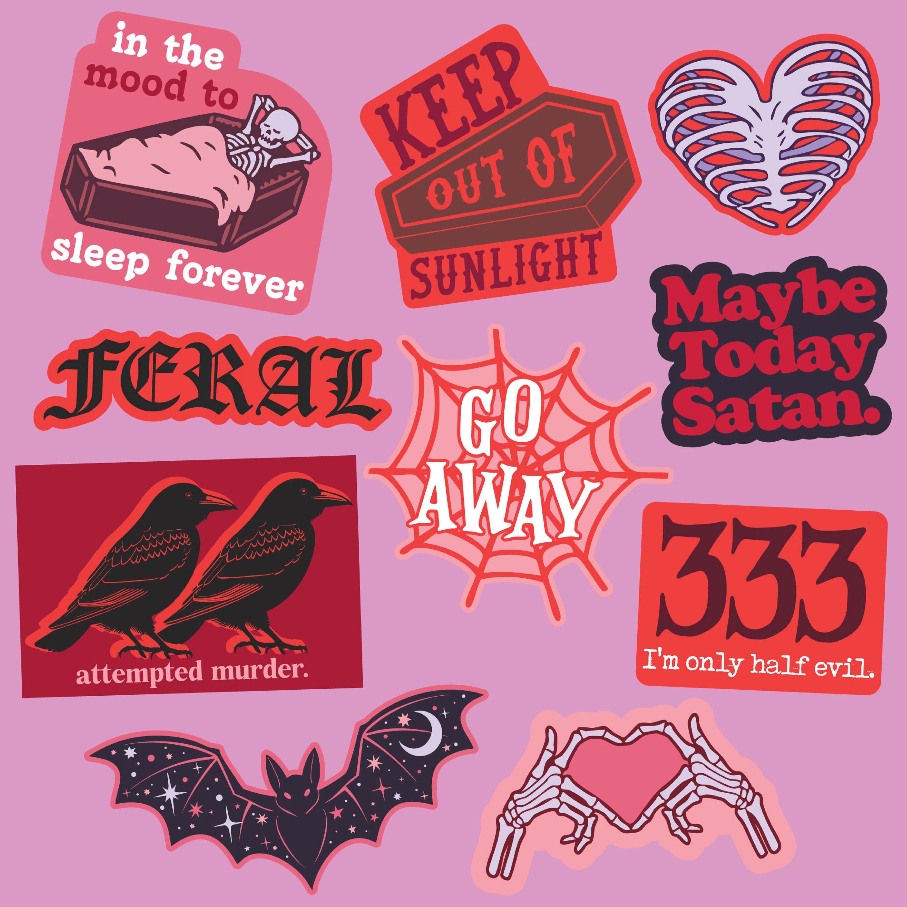 Creepy Sticker Set of 10 Satan Halloween Decals Feral Design Large Stickers for Adults Funny Murder Decals Vintage Halloween Decals Graphic Tee – Soft Feel · Trending Graphic Apparel