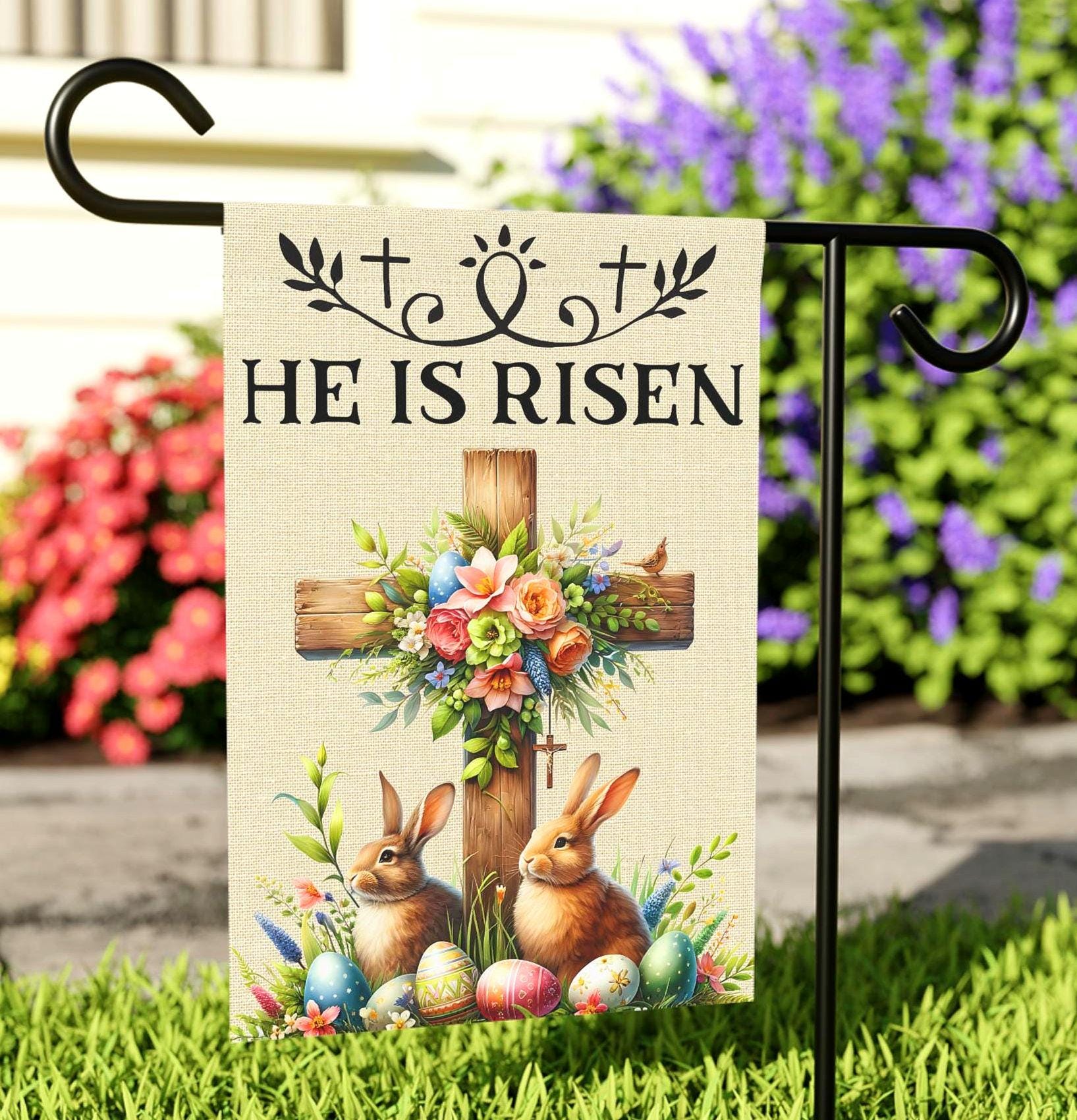 Easter Garden Flag He Is Risen Christian Yard Banner Religious Outdoor Banner Spring Holiday Decoration Housewarming Gift Easter Gift Graphic Tee – Easygoing Wear · Great Gift For Fans