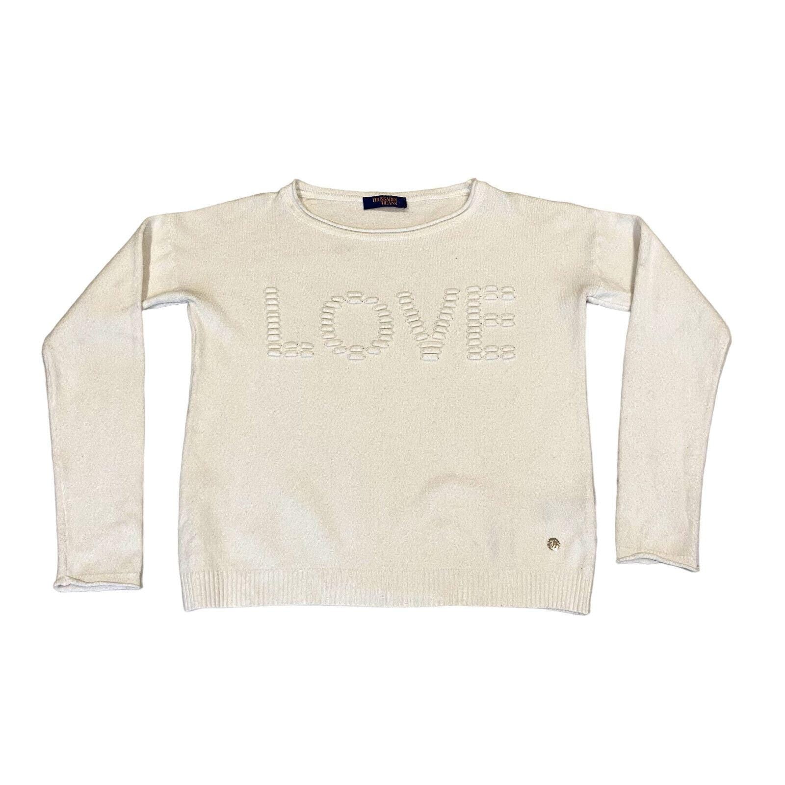 Trussardi Jeans Love Jumper Vintage Womens Designer White Knit Sweater Graphic Tee – Soft Feel · Trending Graphic Apparel