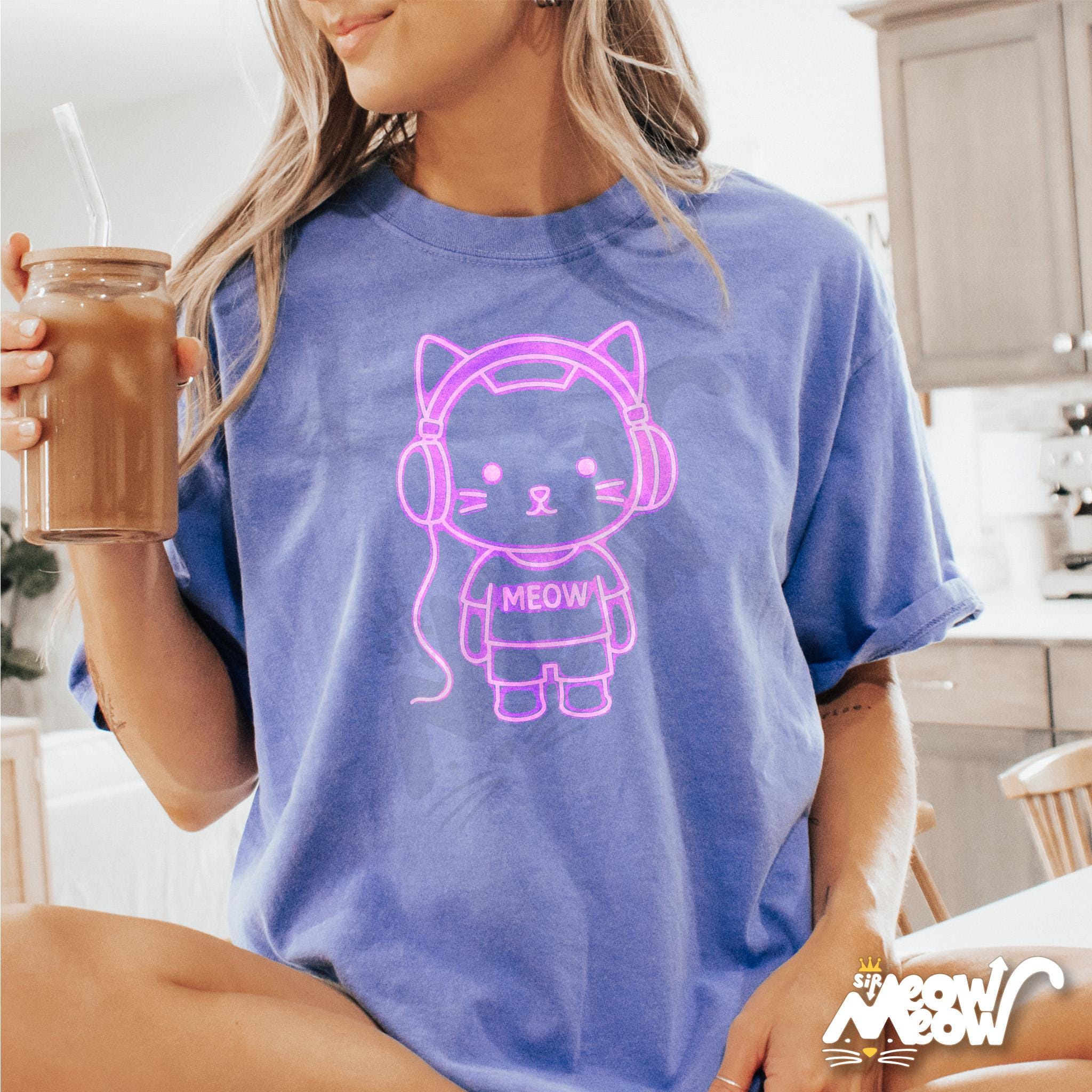 Kawaii Cat Headphones T Shirt Neon Meow Cat Tee Anime Vaporwave Kitty Shirt Cute Cat Lover Gift Graphic Tee – Premium Graphic · Must-Have Style