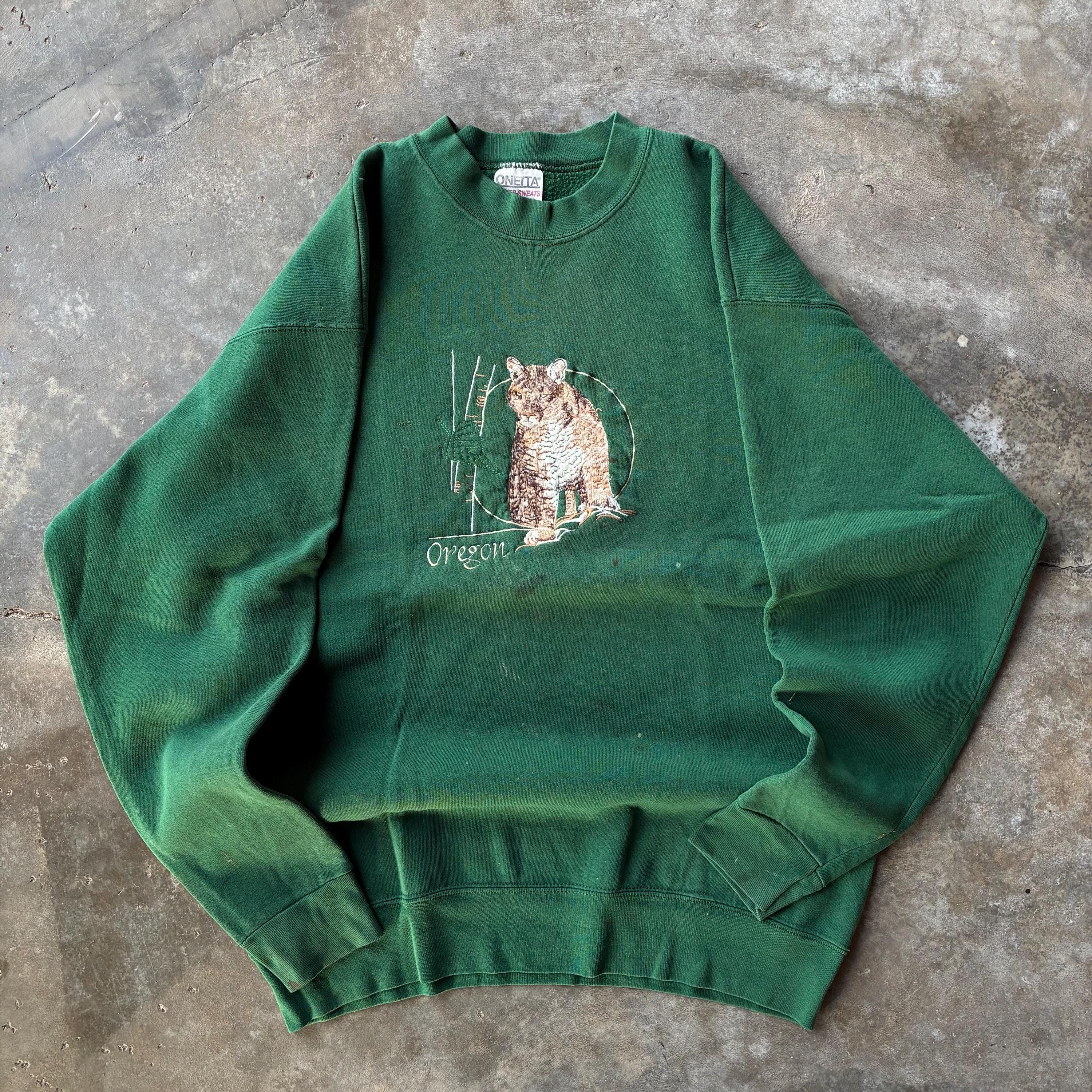 90s Vintage Oneita Tag Oregon Panther Big Logo Embroidered Crewneck Pullover Sweatshirt Oregon Vintage Panther Graphic Green Size Large Sweatshirt – Easygoing Wear · High-Quality Print