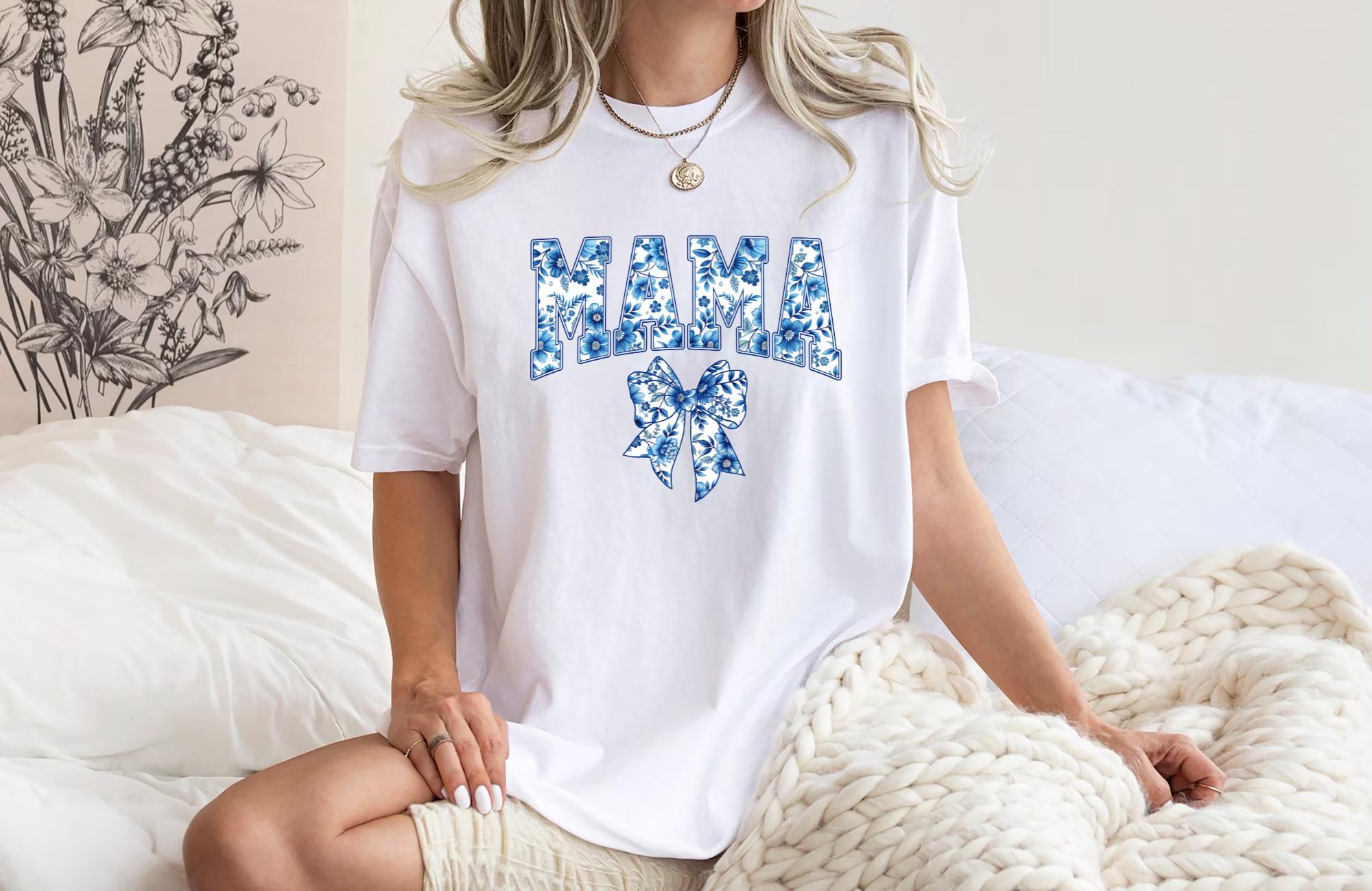 Mama Shirt Blue Ribbon Shirt Mothers Day Gift Aesthetic Gift For Mom Cute Mom Shirt Toile Bow Shirt Chinoiserie Shirt Graphic Tee – Feel-Good Design · High-Quality Print