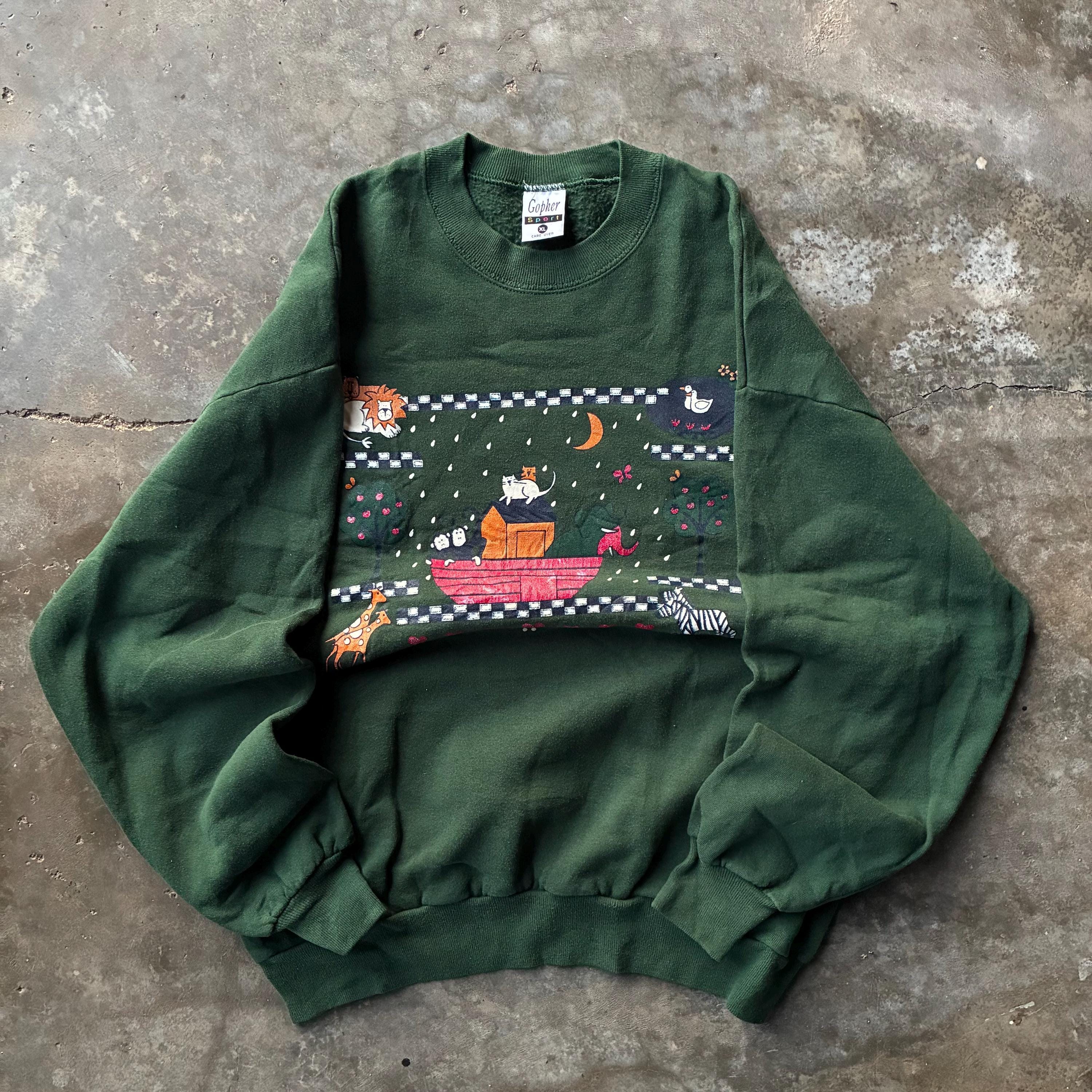 90s Vintage Gopher Tag Cats On Boat Big Logo Printed Crewneck Pullover Baggie Sweatshirt Animal Vintage Cats Graphic Green Size X Large Sweatshirt – Warm & Stylish · Perfect For Daily Wear
