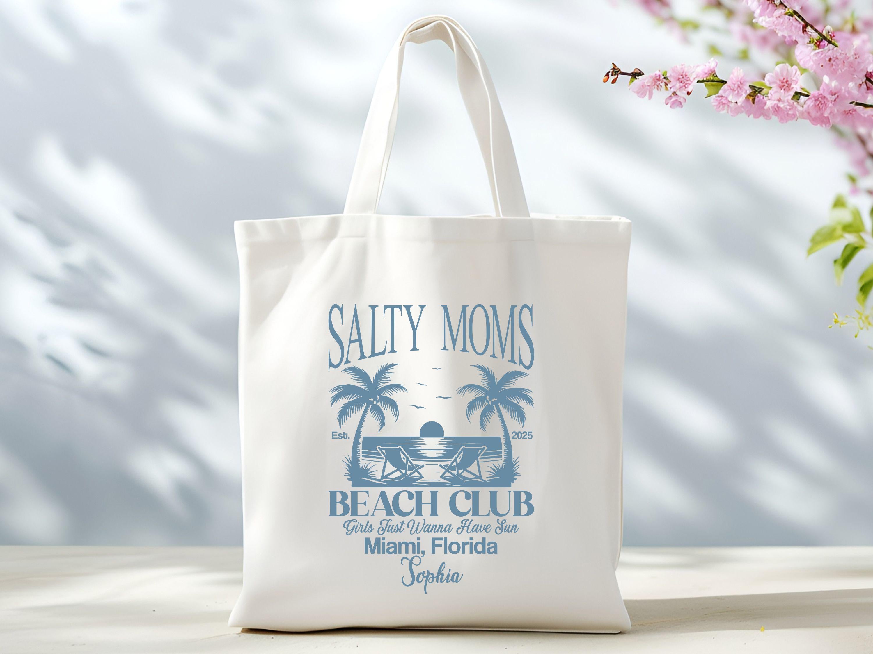Custom Salty Moms Beach Club Tote Bag Perfect Gift for Beach Lovers Summer Vibes Beach Bachelorette Tote Sister Gift Vacation Accessory Tote Bag – Soft Feel · Great Gift For Fans