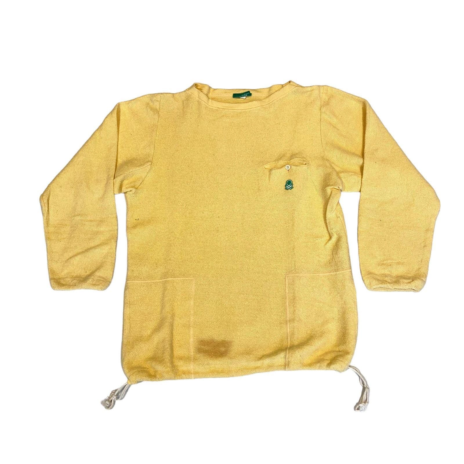 Benetton Womens Yellow Sweatshirt Vintage High End Designer Drawstring VTG Sweatshirt – Premium Graphic · Perfect For Daily Wear