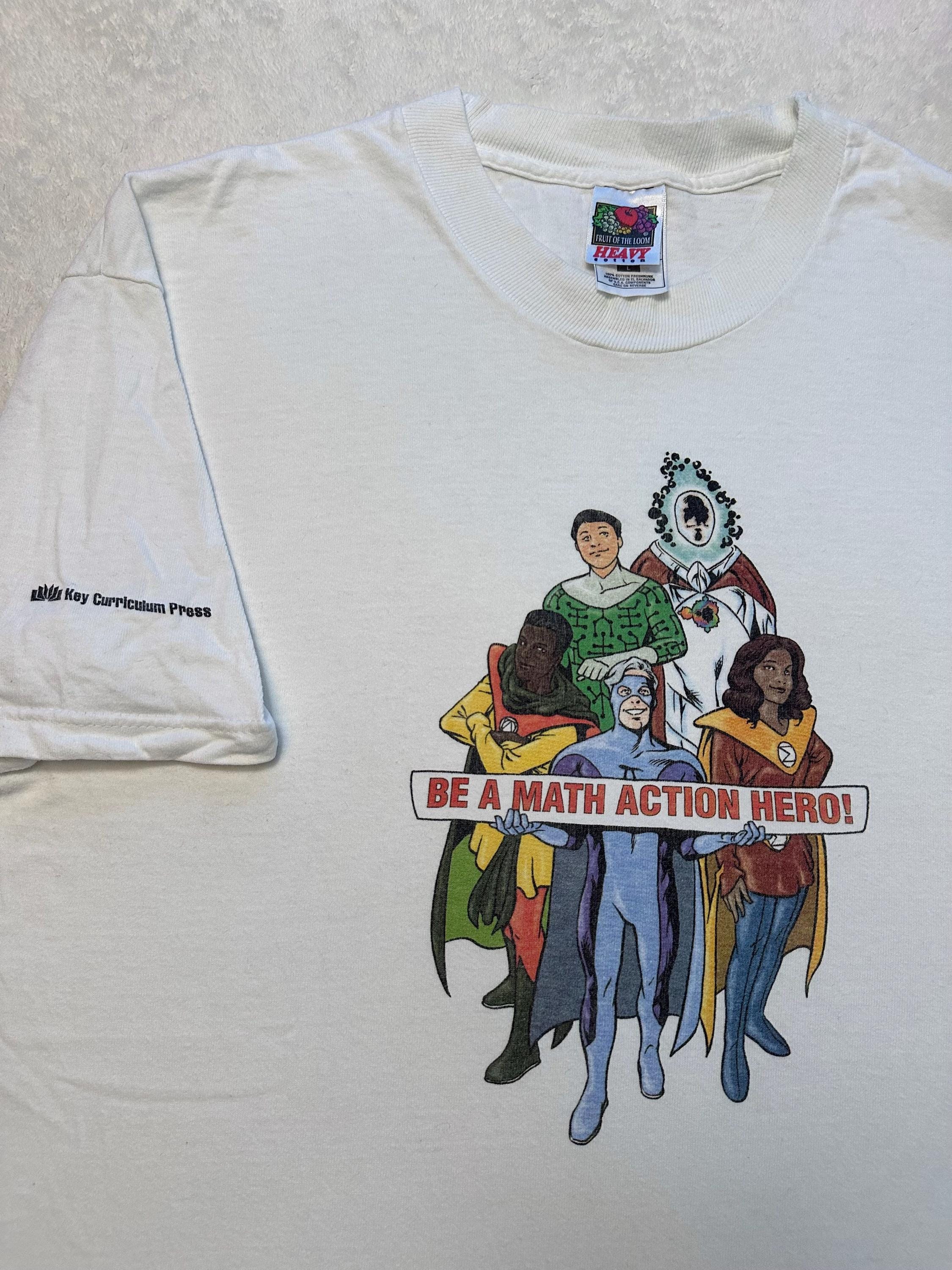 Vintage 1990s Math Action Hero Key Curriculum Press Book Promo Comic T Shirt L Graphic Tee – Soft Feel · Must-Have Style