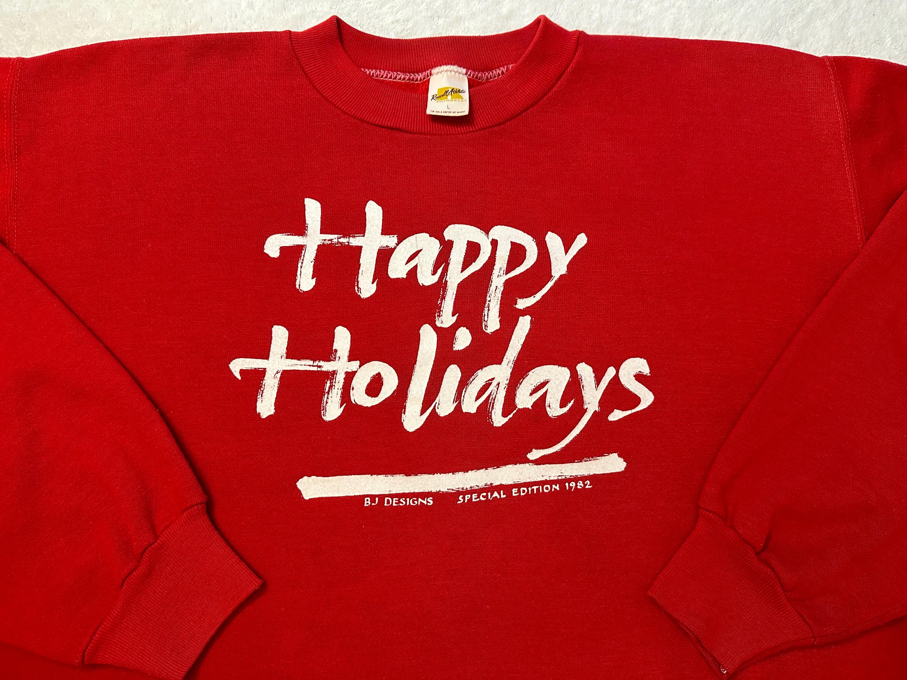 Vintage Early 1980s 80s Happy Holidays Russell Athletic Sweatshirt Gold Tag L Sweatshirt – Aesthetic Look · Great Gift For Fans