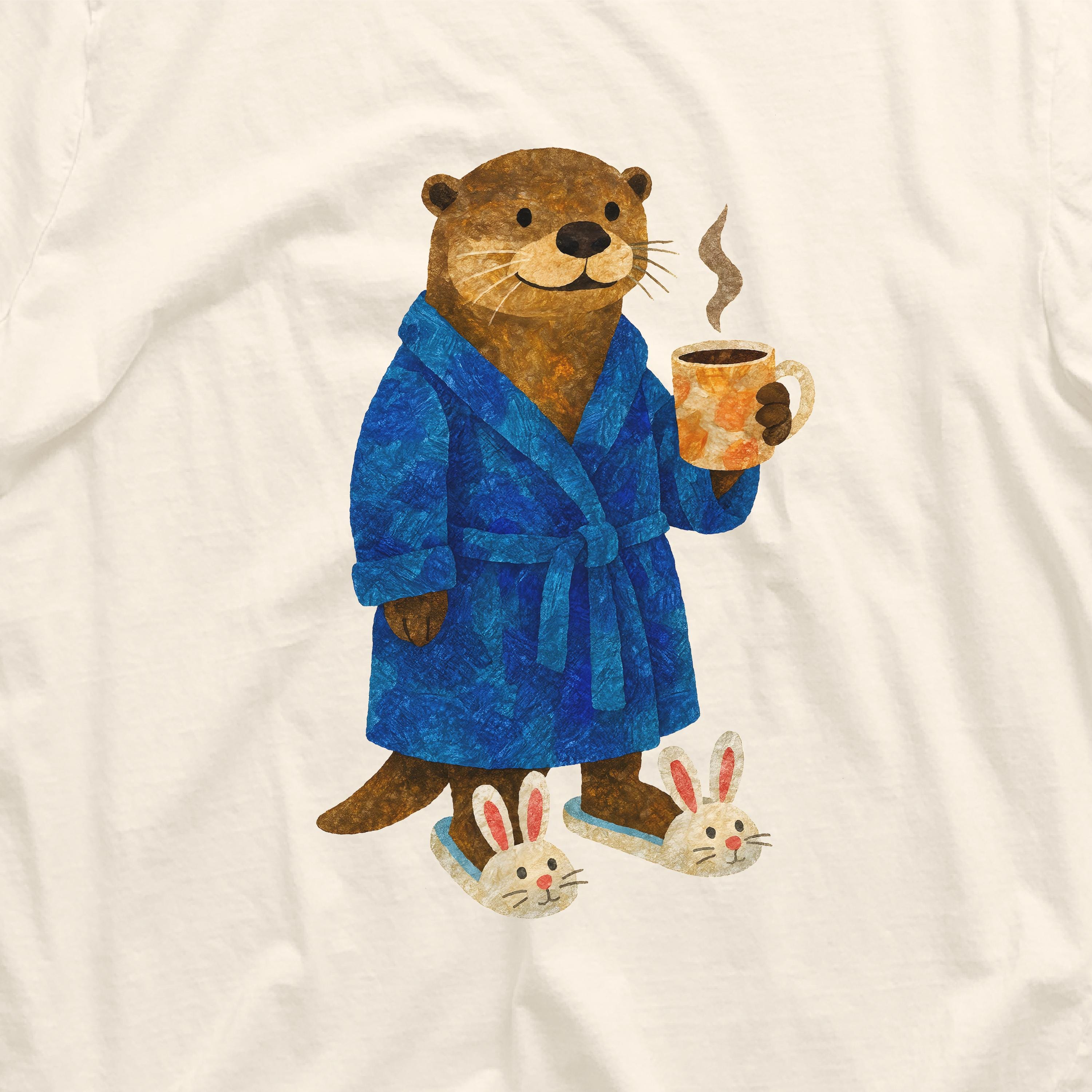 Funny Otter Drinking Coffee in Bunny Slippers Nature Lover Tee Funny Mom or Dad Gift Morning Person Tee Graphic Tee – Soft Feel · High-Quality Print
