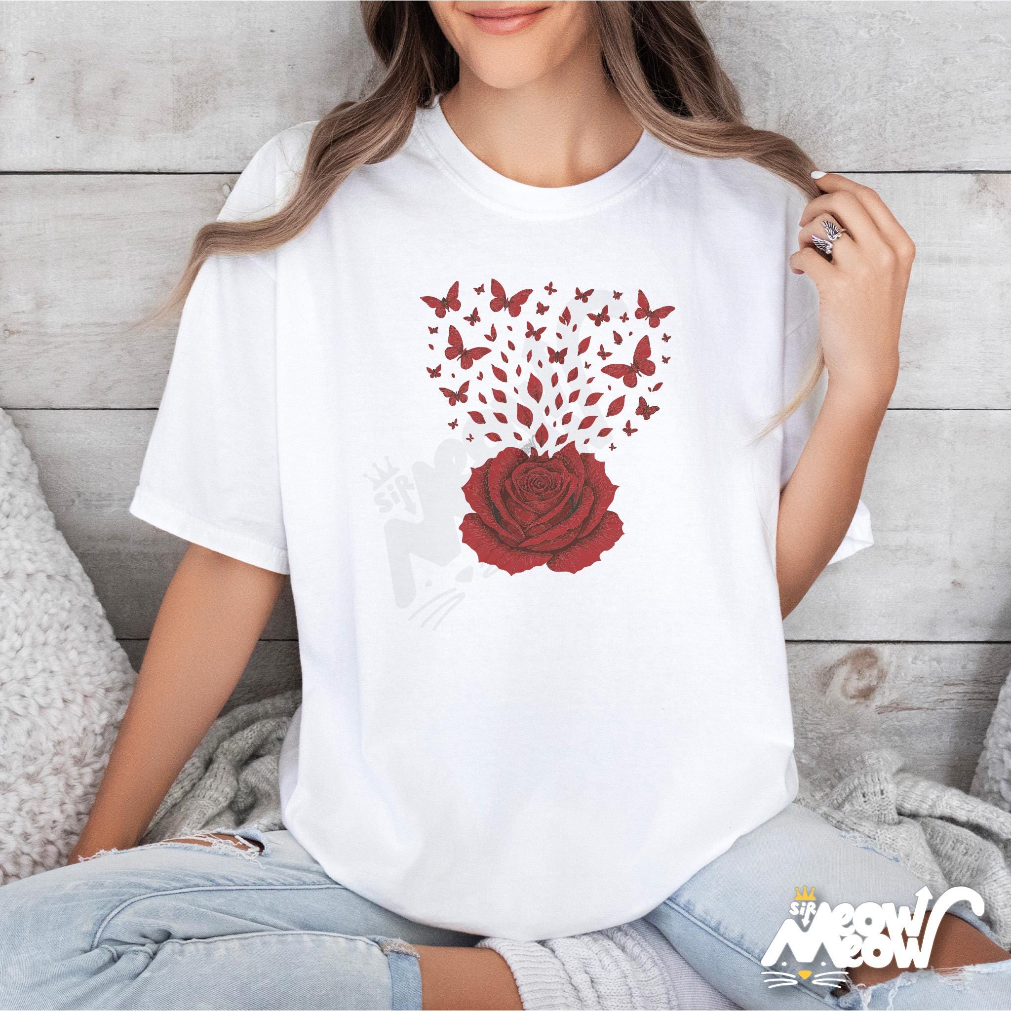 Red Rose Butterfly Shirt Style Tee Floral Aesthetic T Shirt Romantic Nature Graphic Tee Soft Grunge Botanical Top Graphic Tee – Everyday Comfort · Perfect For Daily Wear