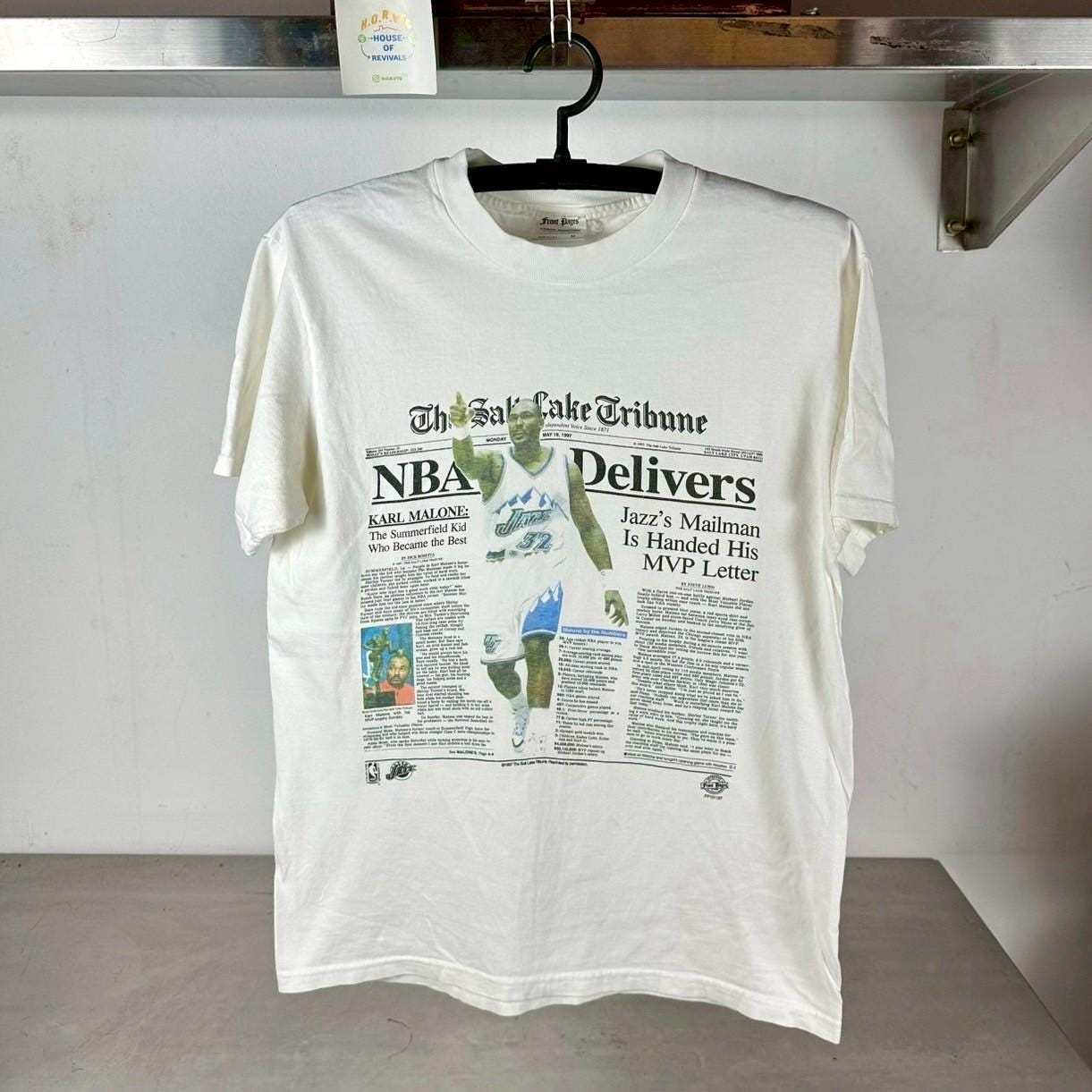 Vintage 1997 Karl Malone The Mailman Delivers NBA Newspaper Medium T shirt Graphic Tee – Aesthetic Look · Trending Graphic Apparel