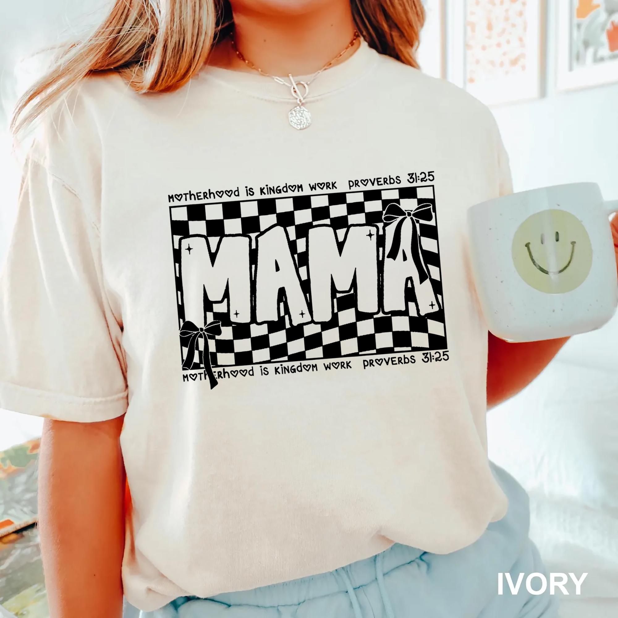 Retro Checkered Mama Tee for Christian Moms Stylish Faith Based Shirt Perfect Gift for Mothers Day Religious Mom Gift Bible Verse Shirt Graphic Tee – Warm & Stylish · Perfect For Daily Wear
