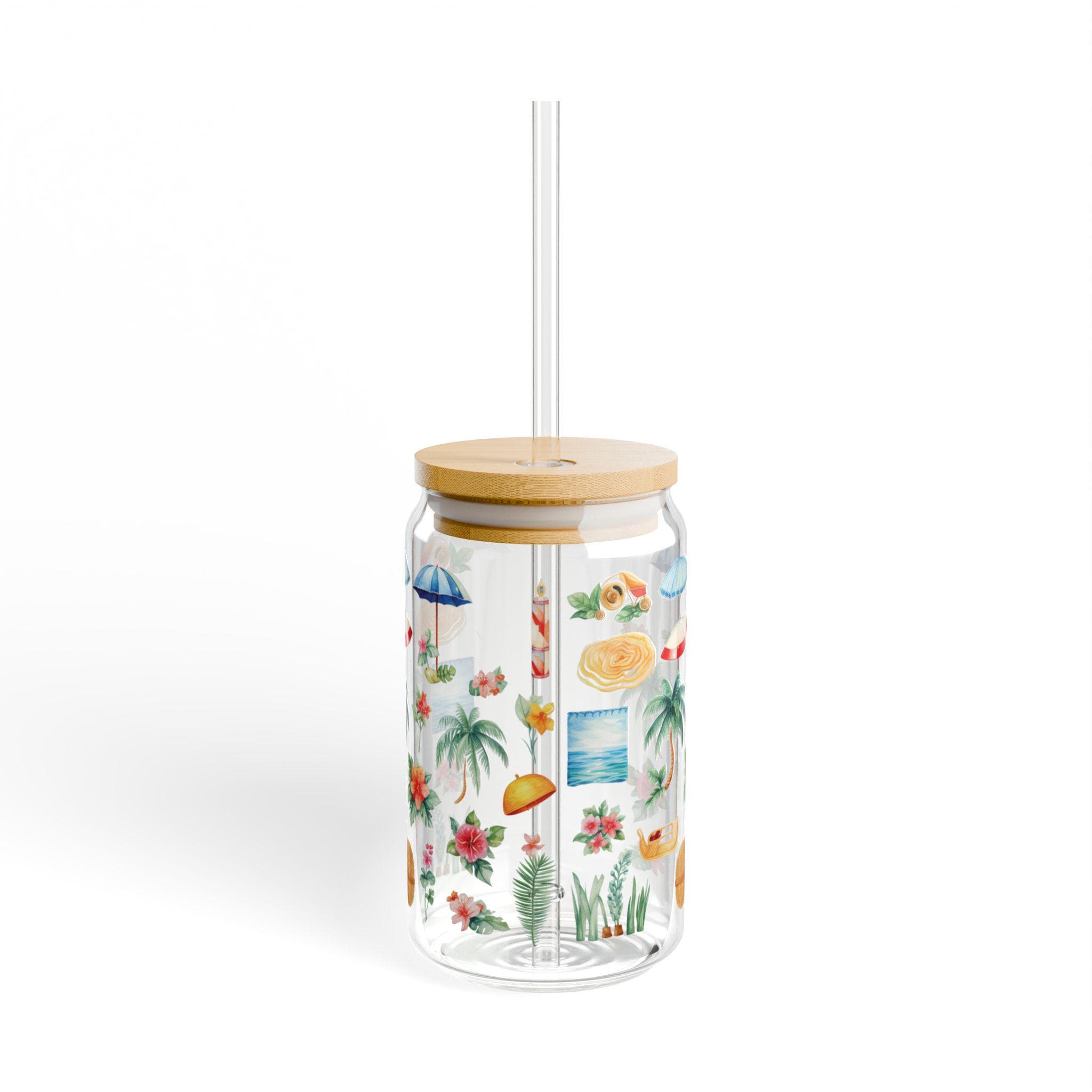 Tropical Vibes Sipper Glass Summer Drinkware Beach Theme Cup Eco Friendly Water Bottle Floral Patterned Glass Graphic Tee – Easygoing Wear · Top Pick For Any Outfit