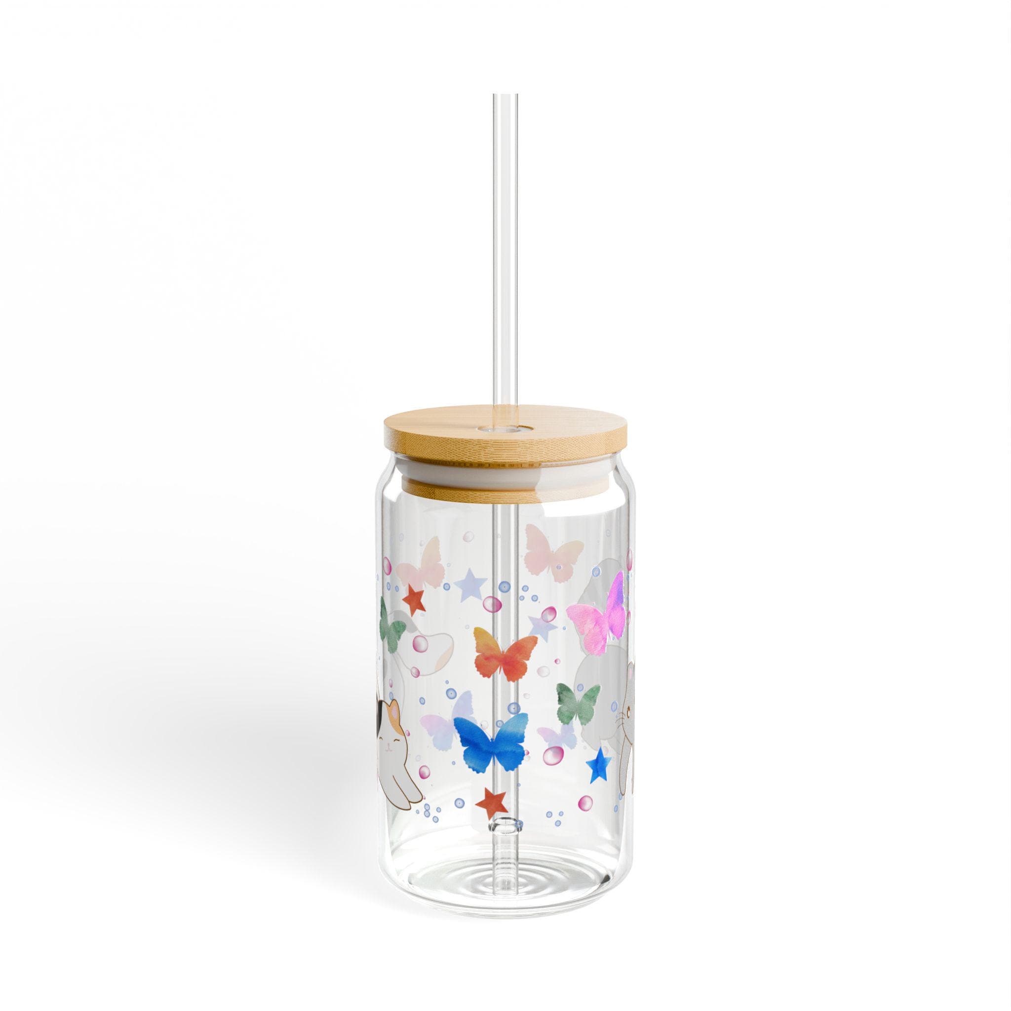 Whimsical Butterfly Cat Sipper Glass 16oz Perfect for Home Gifts Summer Parties Eco Friendly Drinkware Unique Gift Graphic Tee – Easygoing Wear · High-Quality Print