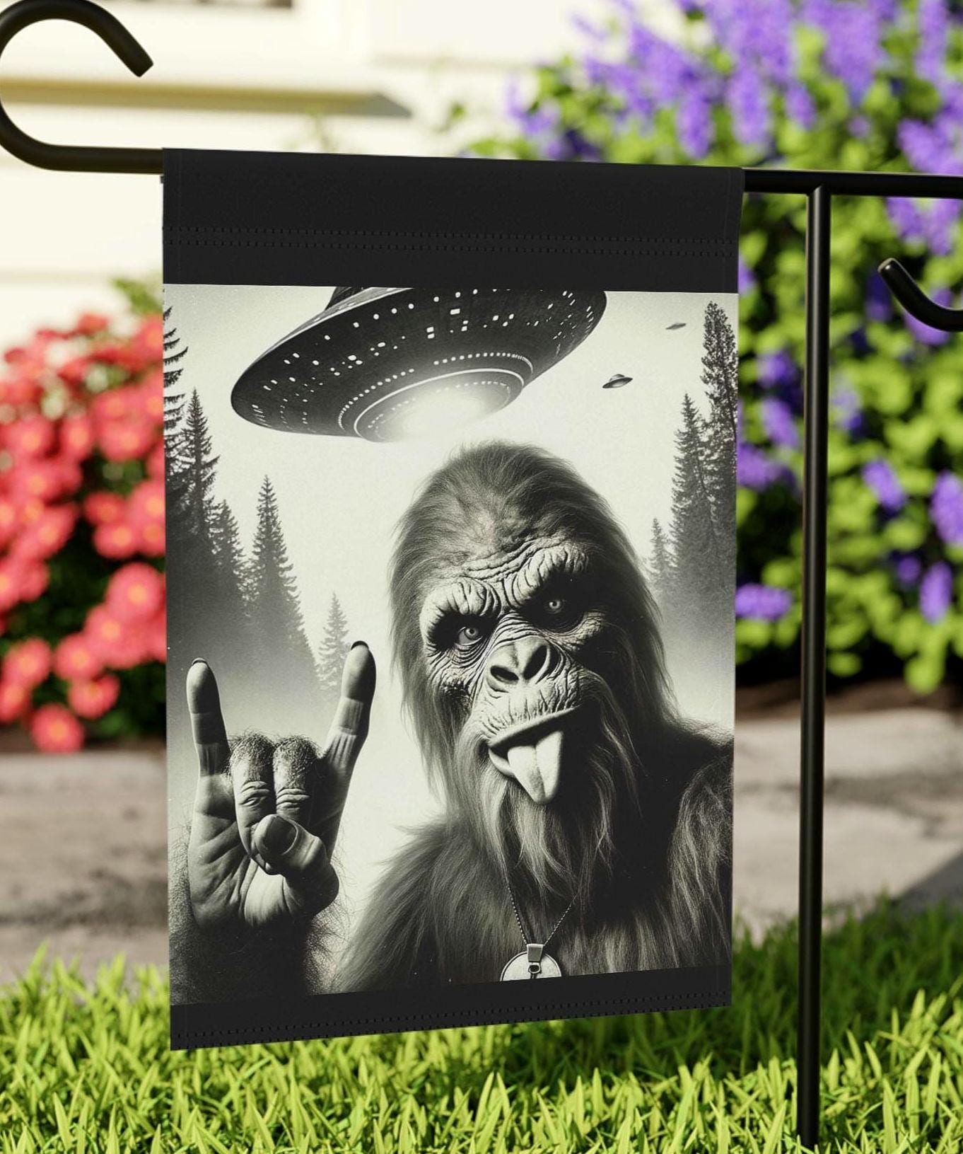 Bigfoot Alien Crytid Garden Flag Whimsical Yard Banner Outdoor Decor UFO Yard Art Theme Unique Gift Sasquatch Lovers Housewarming Gift Graphic Tee – Soft Feel · Trending Graphic Apparel