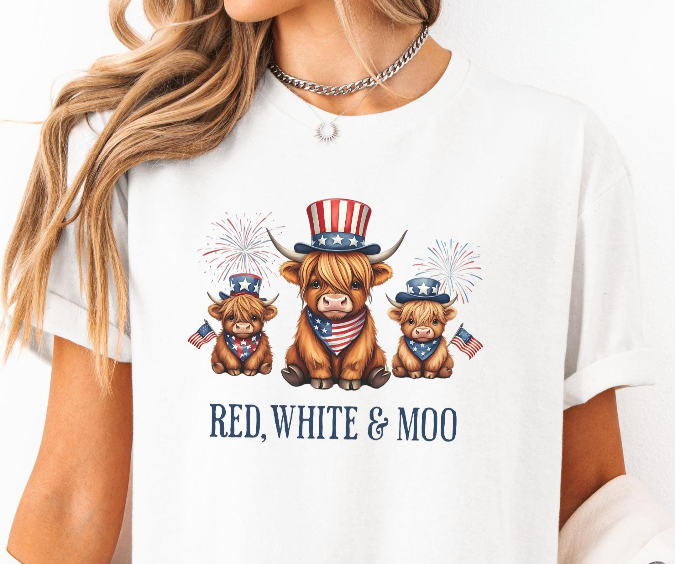 Red White MOO Shirt for 4th of July Highland Cow Tshirt Cute Juth 4th Tee Cute 4th of July Cow T Shirt Graphic Tee – Easygoing Wear · High-Quality Print