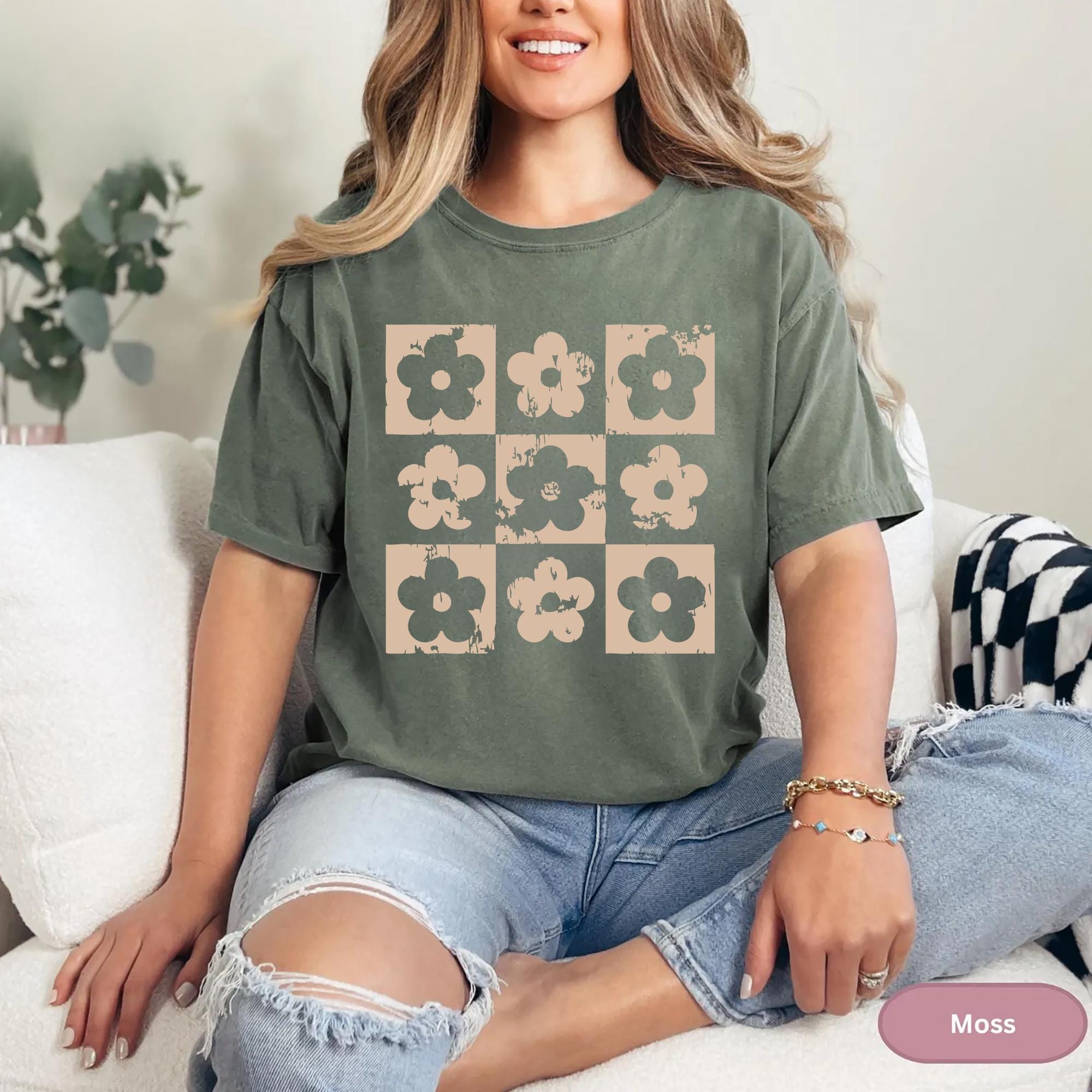Checkered Flowers Shirt Retro Flowers T Shirt Boho Floral T Shirt Gift For Mom Spring T Shirt Trendy Floral Oversized Tee Graphic Tee – Premium Graphic · Must-Have Style