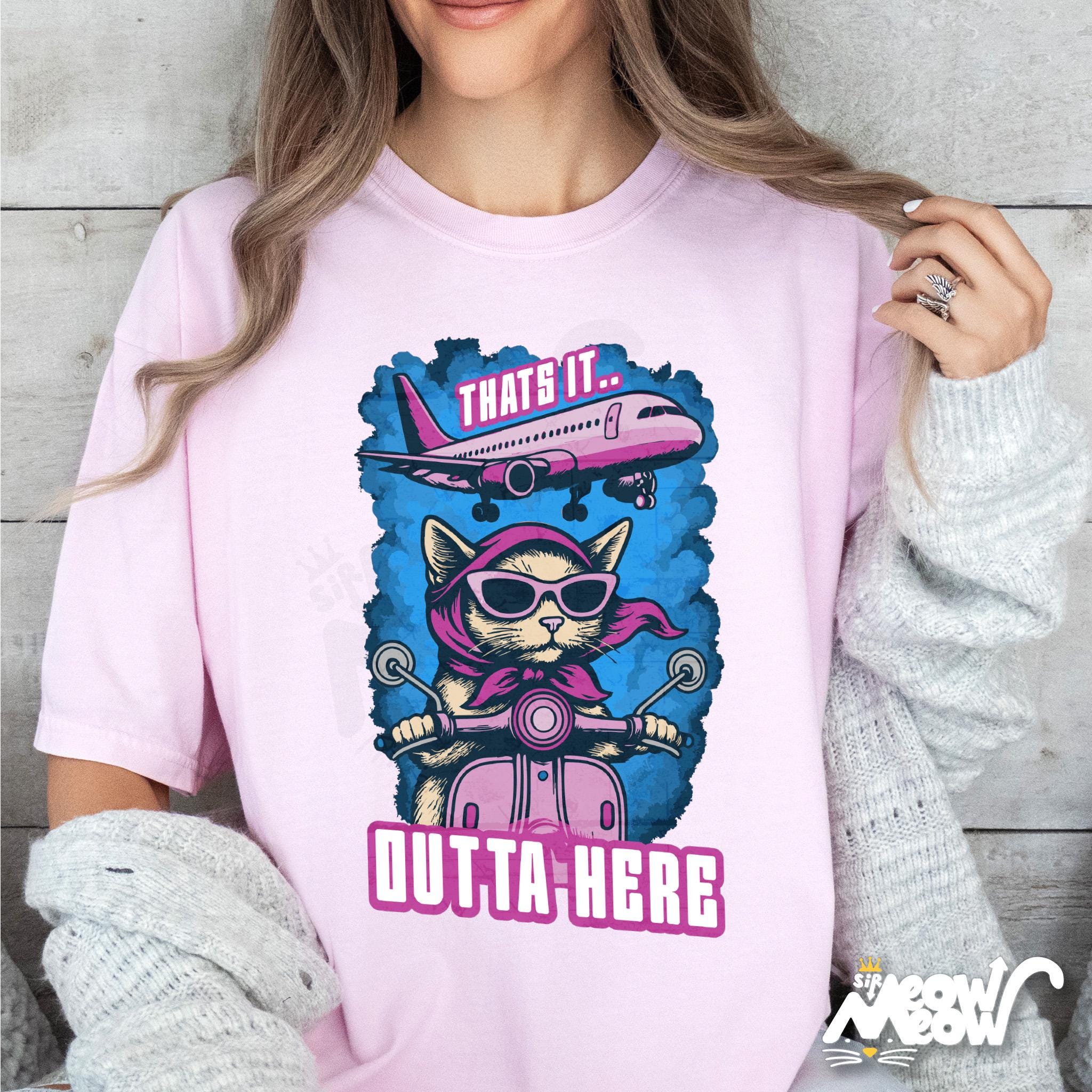 Funny Cat Travel T Shirt Outta Here Jetsetter Tee Vacation Shirt Cat on Scooter Graphic Tee Gift for Cat Lovers Graphic Tee – Premium Graphic · High-Quality Print
