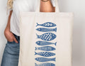 Sardine Tote Bag Coastal Nautical Canvas Market Bag Blue Fish Print Beach Tote Eco Friendly Tote Fisherman Aesthetic Tote Bag – Bold Style · High-Quality Print