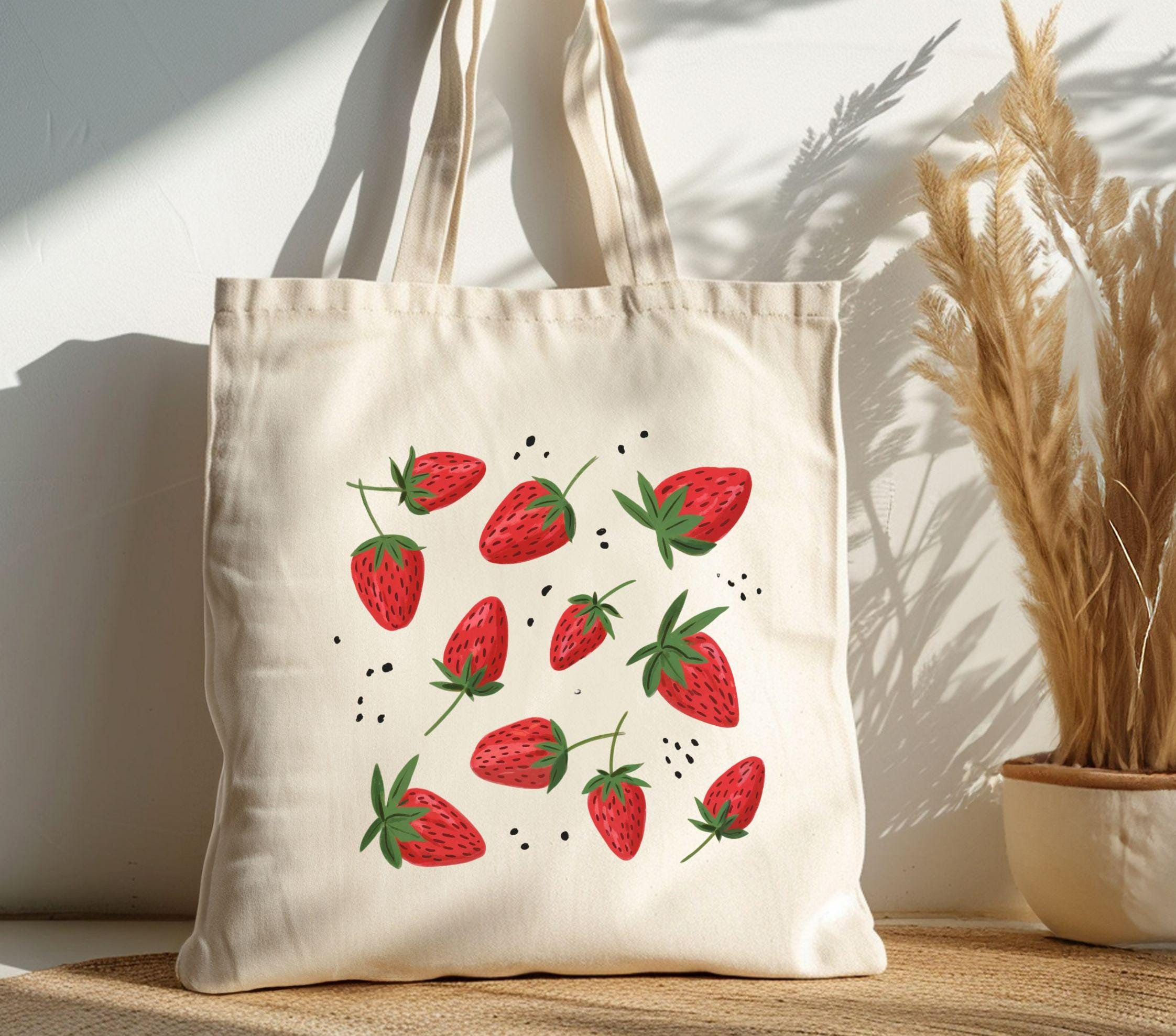 Strawberry Tote Bag Cute Canvas Market Bag with Strawberries Fruit Print Grocery Tote Eco Friendly Berry Lover Gift Tote Bag – Premium Graphic · Great Gift For Fans