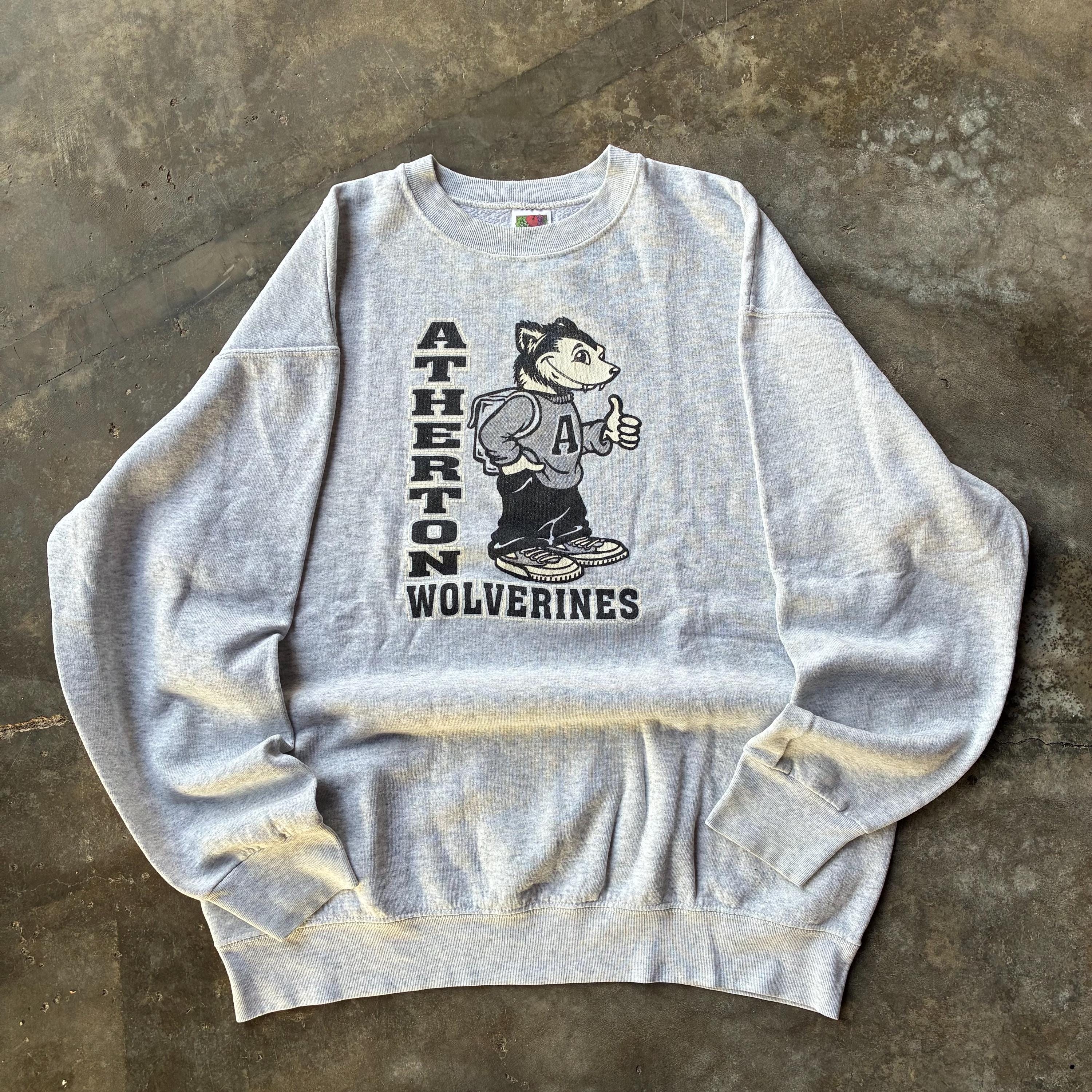 Vintage 90s Fruit of The Loom Tag Atherton Wolverines Big Logo Printed Sweatshirt Crewneck Pullover Sweater Highschool Colour Grey Size X L Sweatshirt – Premium Graphic · High-Quality Print