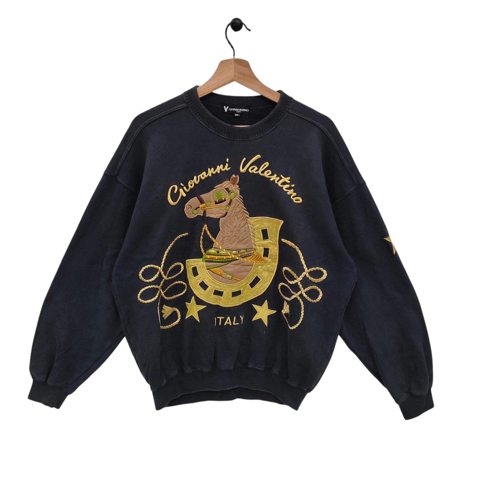90s Giovanni Valentino Italy Large Vintage Sweatshirt Embroidered Horse Horseshoe Crewneck Black Size 48 L Sweatshirt – Everyday Comfort · Trending Graphic Apparel